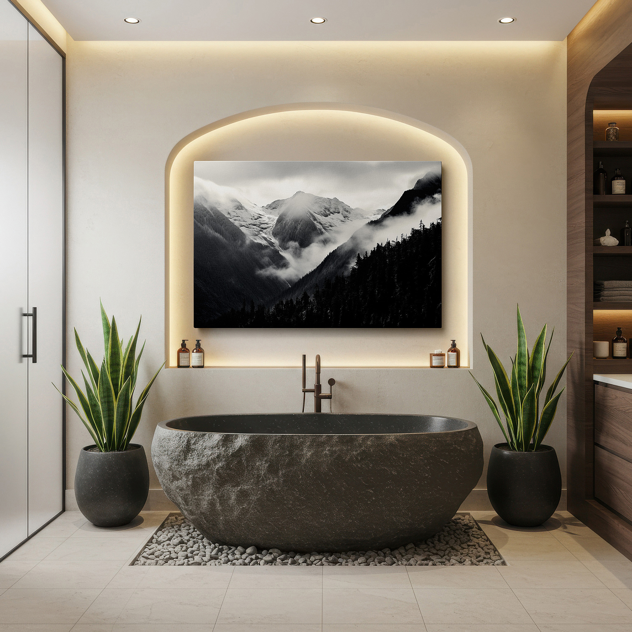 Balanced between two tall indoor plants near a window — monochrome majestic mountains - snow-capped landscape with ethereal mist, large canvas wall art for office and bedroom decor
