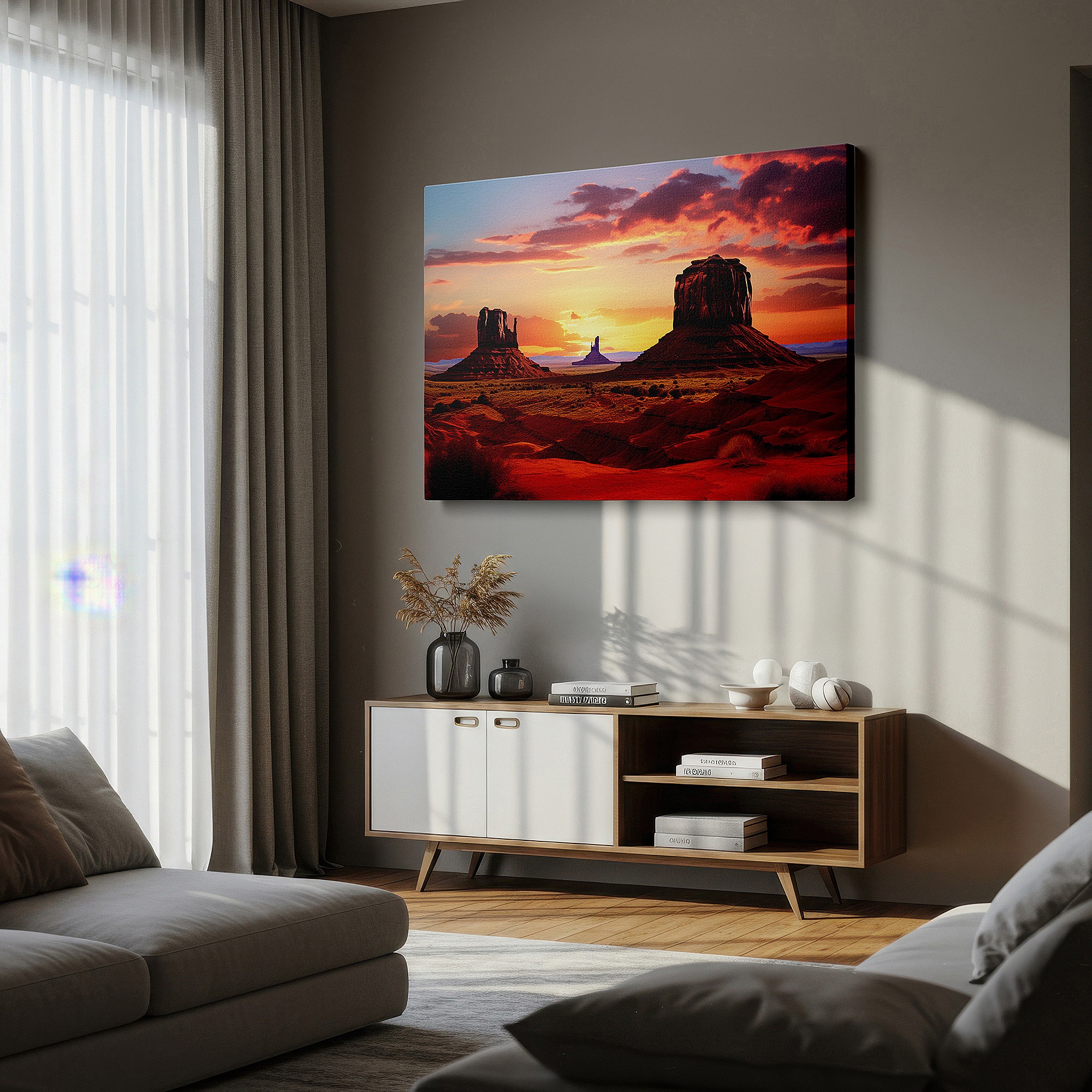 Balanced between two tall indoor plants near a window — monument valley sunset majesty large canvas wall art for office, bedroom, and living room decor