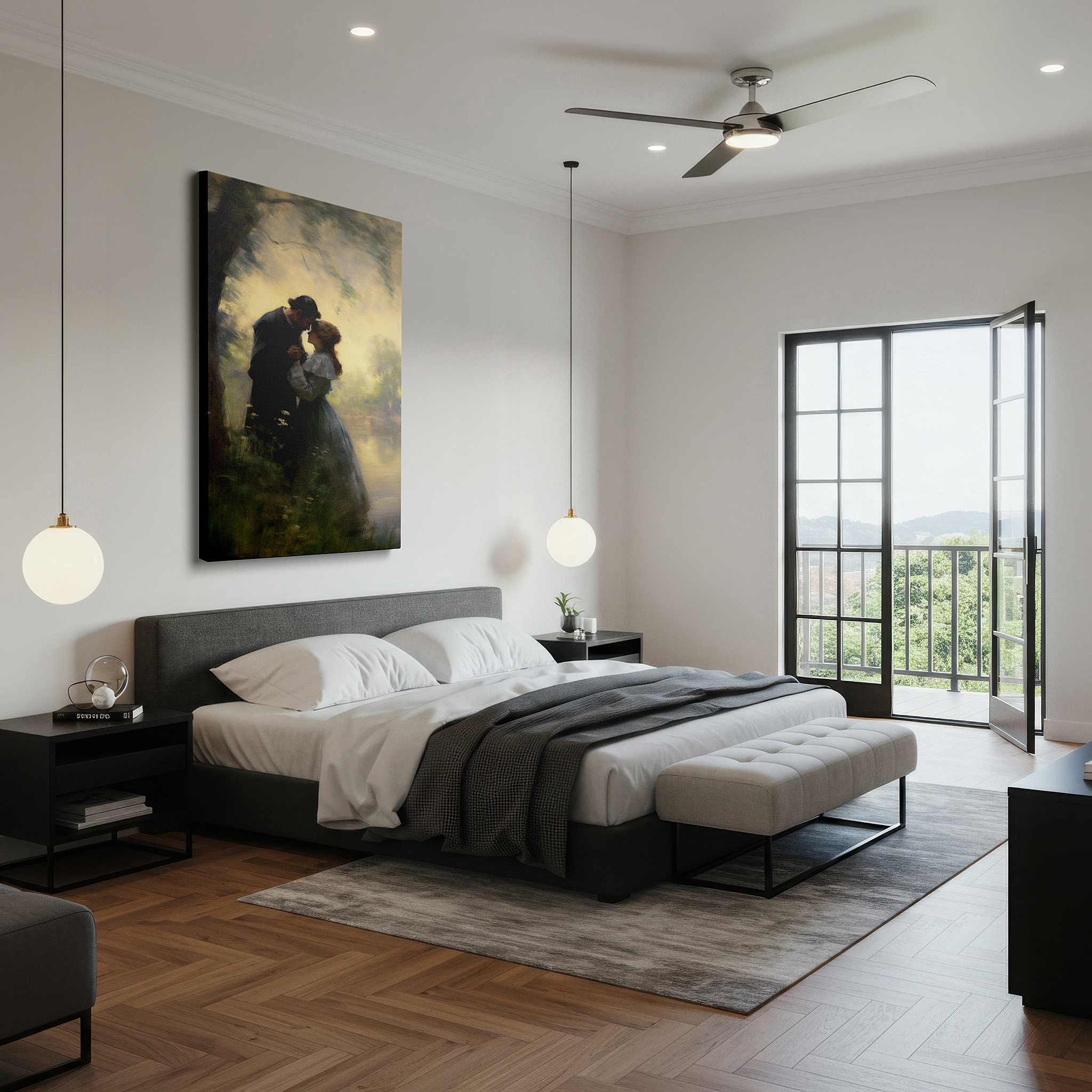 Balanced between two tall indoor plants near a window — nature's serene embrace: love-themed large wall art for bedrooms, living rooms, and offices