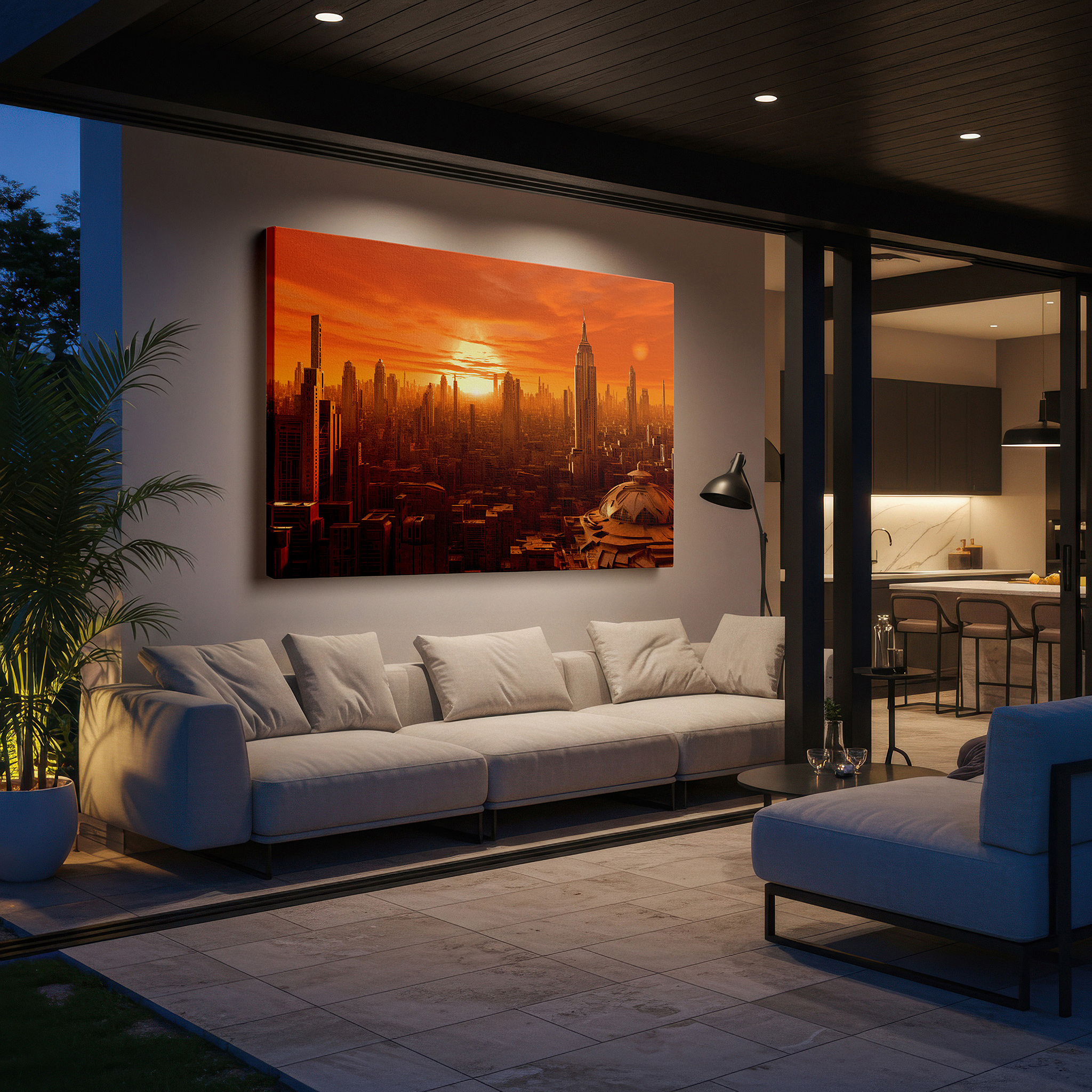 Balanced between two tall indoor plants near a window — orange sunset over futuristic cityscape: modern urban dreams large wall art, canvas wall art, wall decor for office and bedroom