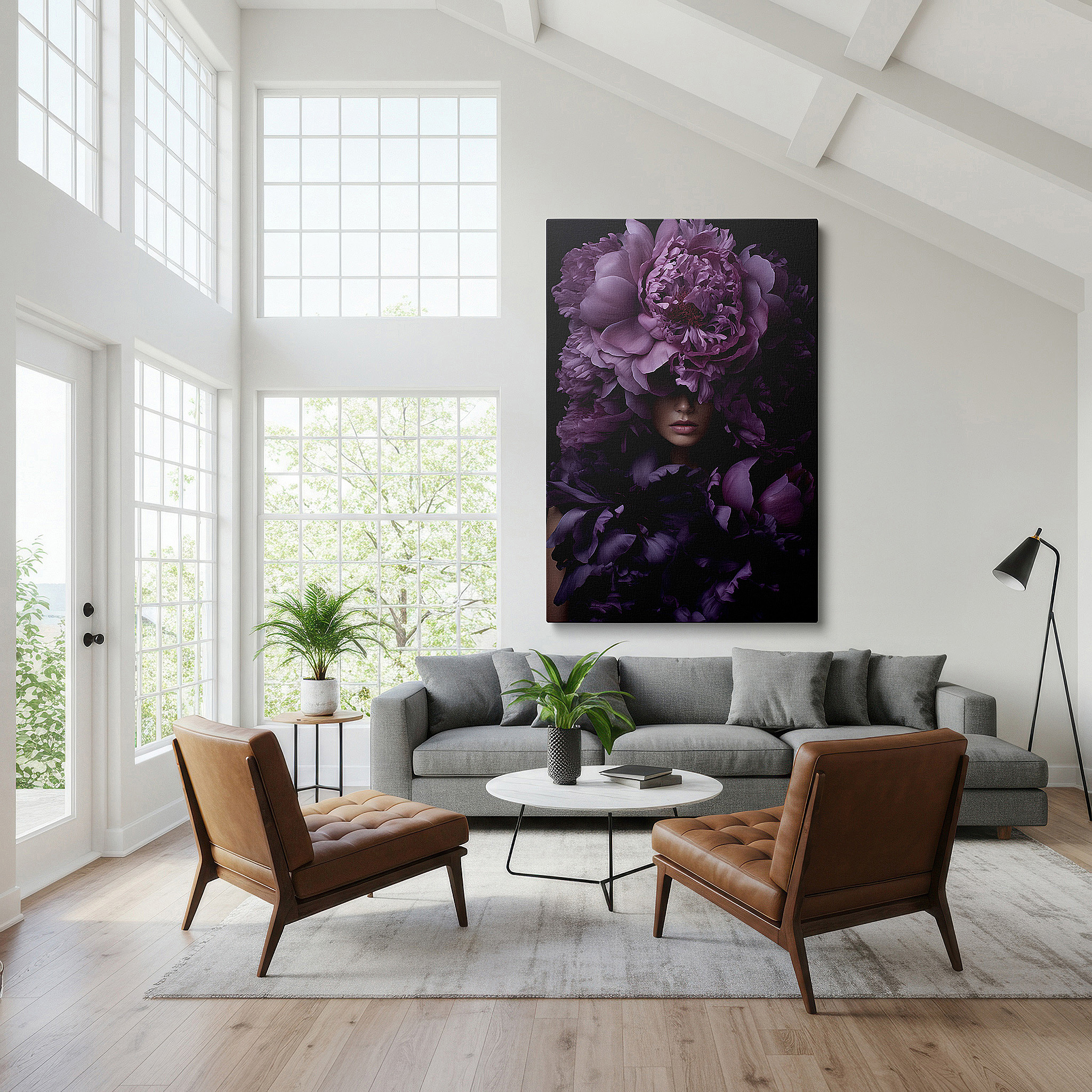 Balanced between two tall indoor plants near a window — purple peonies and serene model with floral crown large wall art, canvas wall art, wall decor for office and bedroom