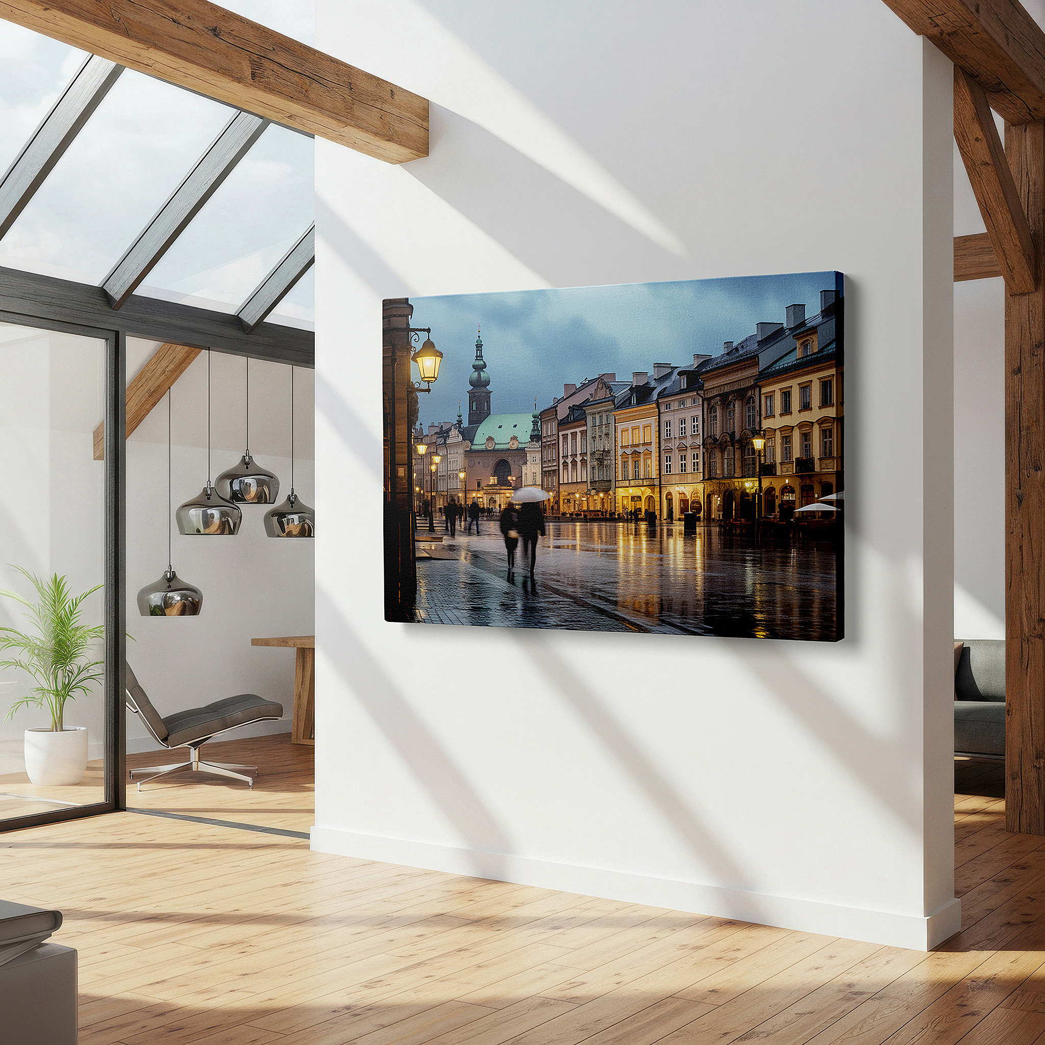 Balanced between two tall indoor plants near a window — rainy day musings on a cobblestone street featuring vibrant umbrellas and old-world appeal - large canvas wall art for home and office decor