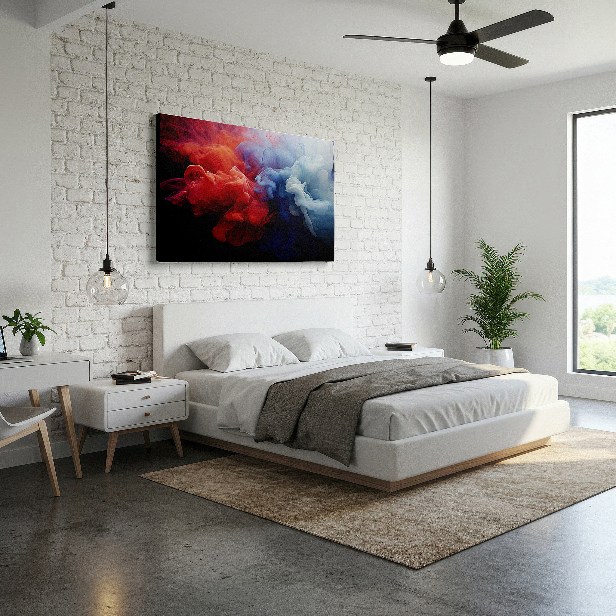 Balanced between two tall indoor plants near a window — red and blue dance of fire and water large canvas wall art for office and bedroom decor