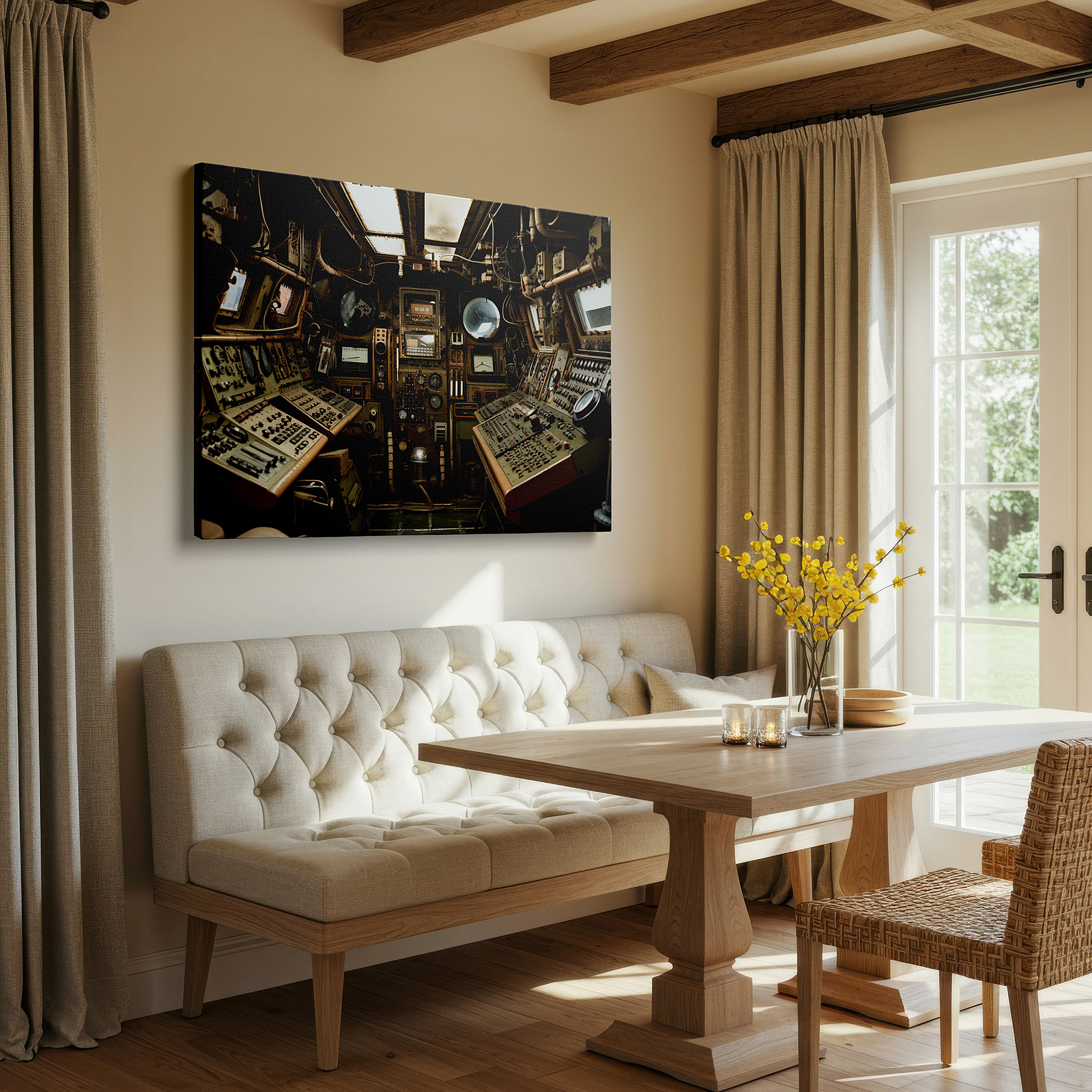 Balanced between two tall indoor plants near a window — retro control room wall art - a vivid display of technological evolution featuring detailed machinery and human ingenuity, available as large canvas wall art