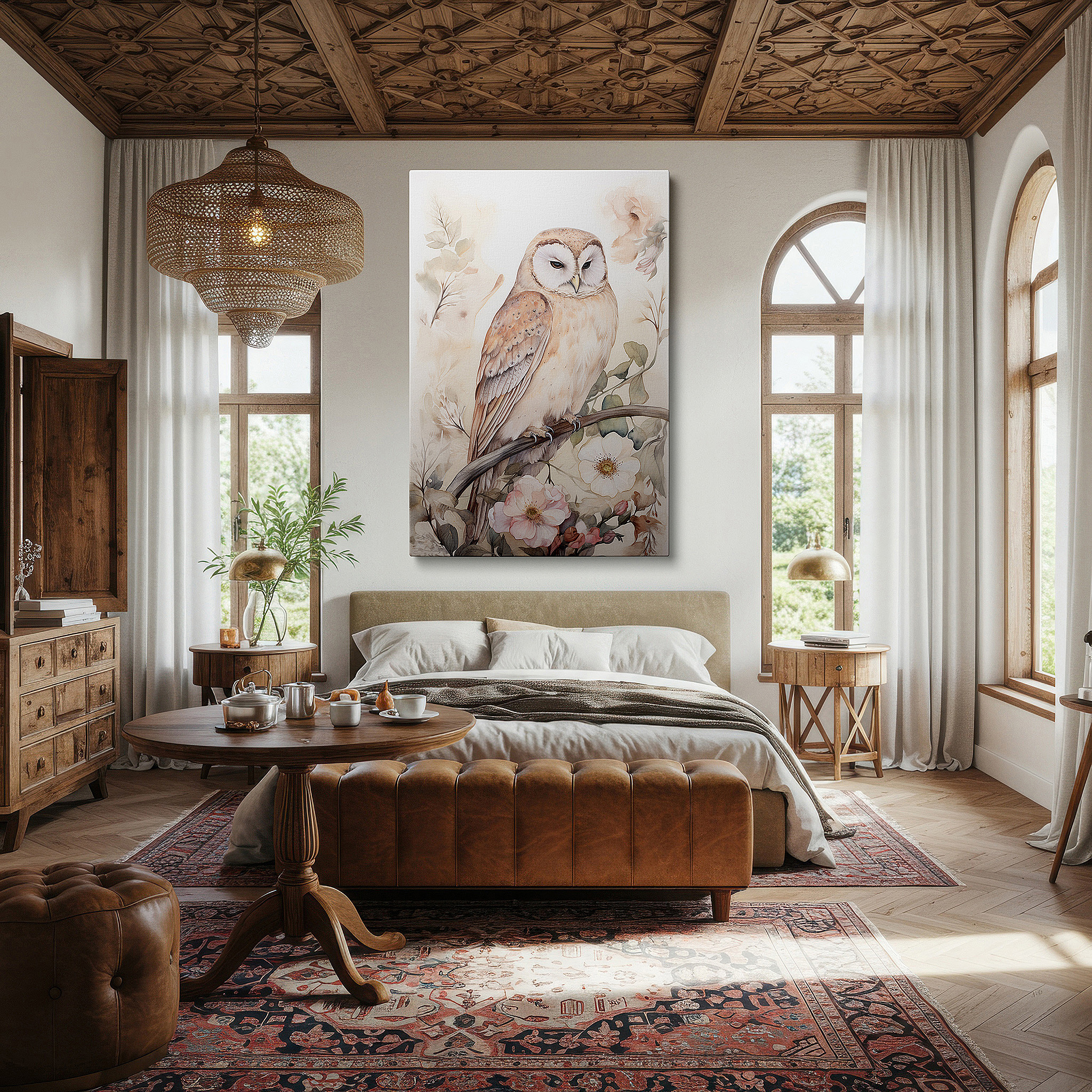 Balanced between two tall indoor plants near a window — serene barn owl and lush florals wall art: tranquil nature tapestry, large canvas for home and office decor