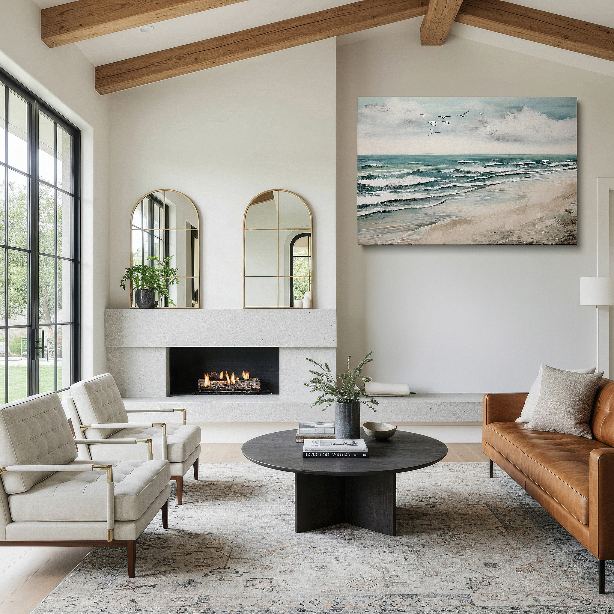 Balanced between two tall indoor plants near a window — serene beach scene with gentle waves and soft sky: tranquil coastal escape large wall art, canvas wall art, wall decor for office and bedroom