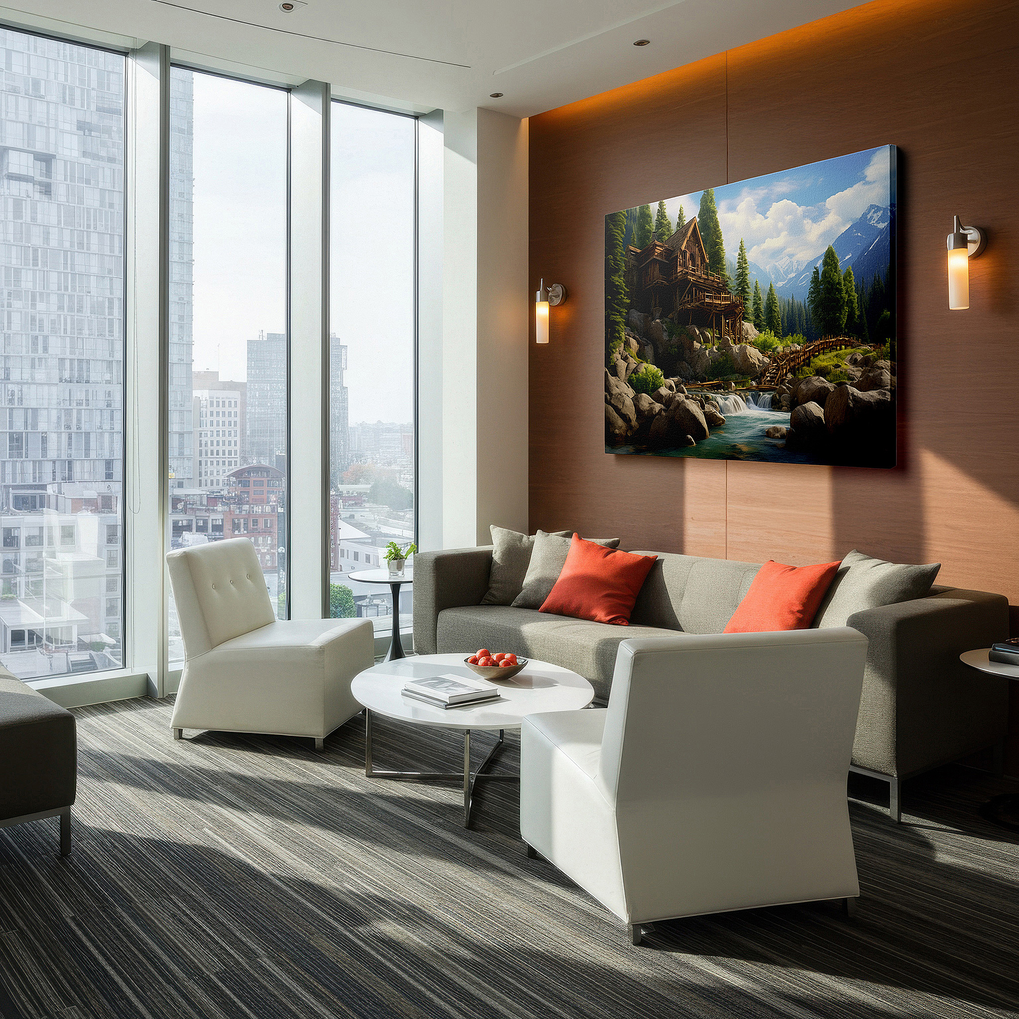 Balanced between two tall indoor plants near a window — serene cabin escape surrounded by verdant foliage and babbling brooks: oversized wall art, canvas wall decor for offices and bedrooms