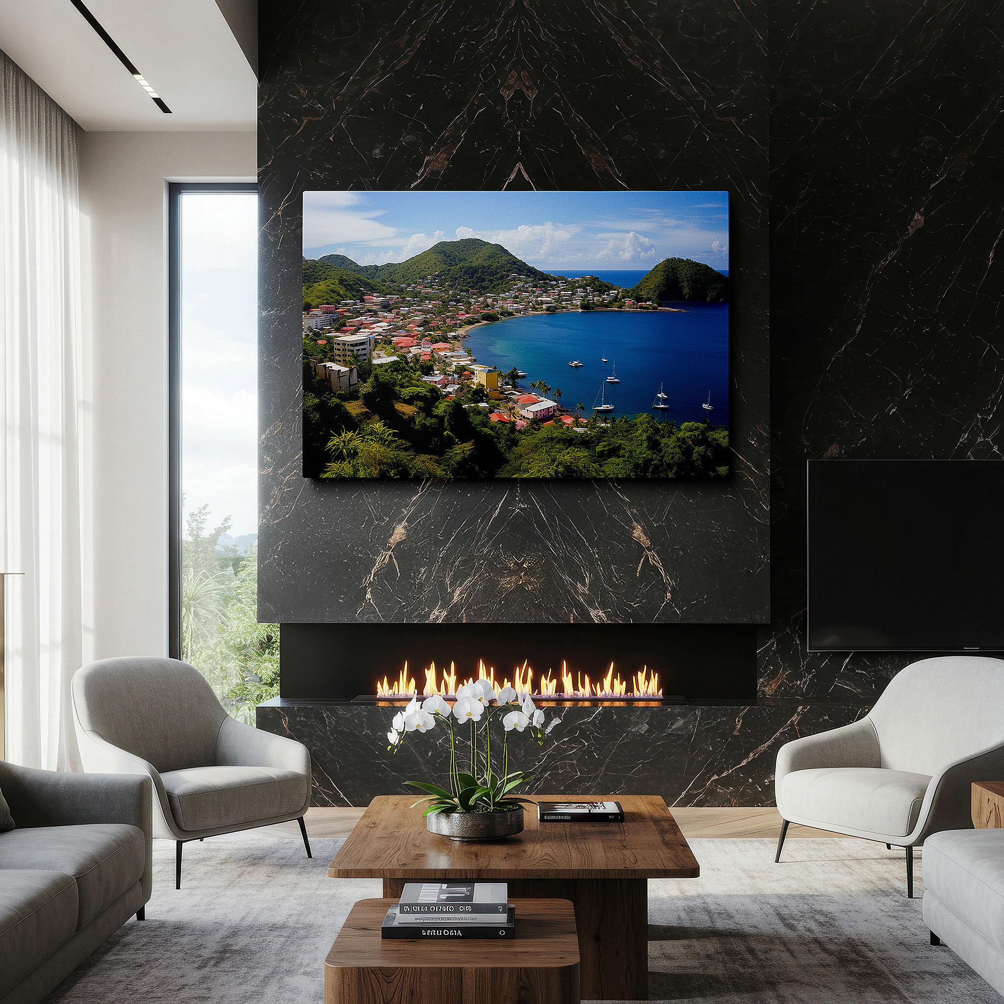 Balanced between two tall indoor plants near a window — serene coastal village with lush green hills and shimmering blue bay large wall art, canvas wall art, wall decor for office and bedroom