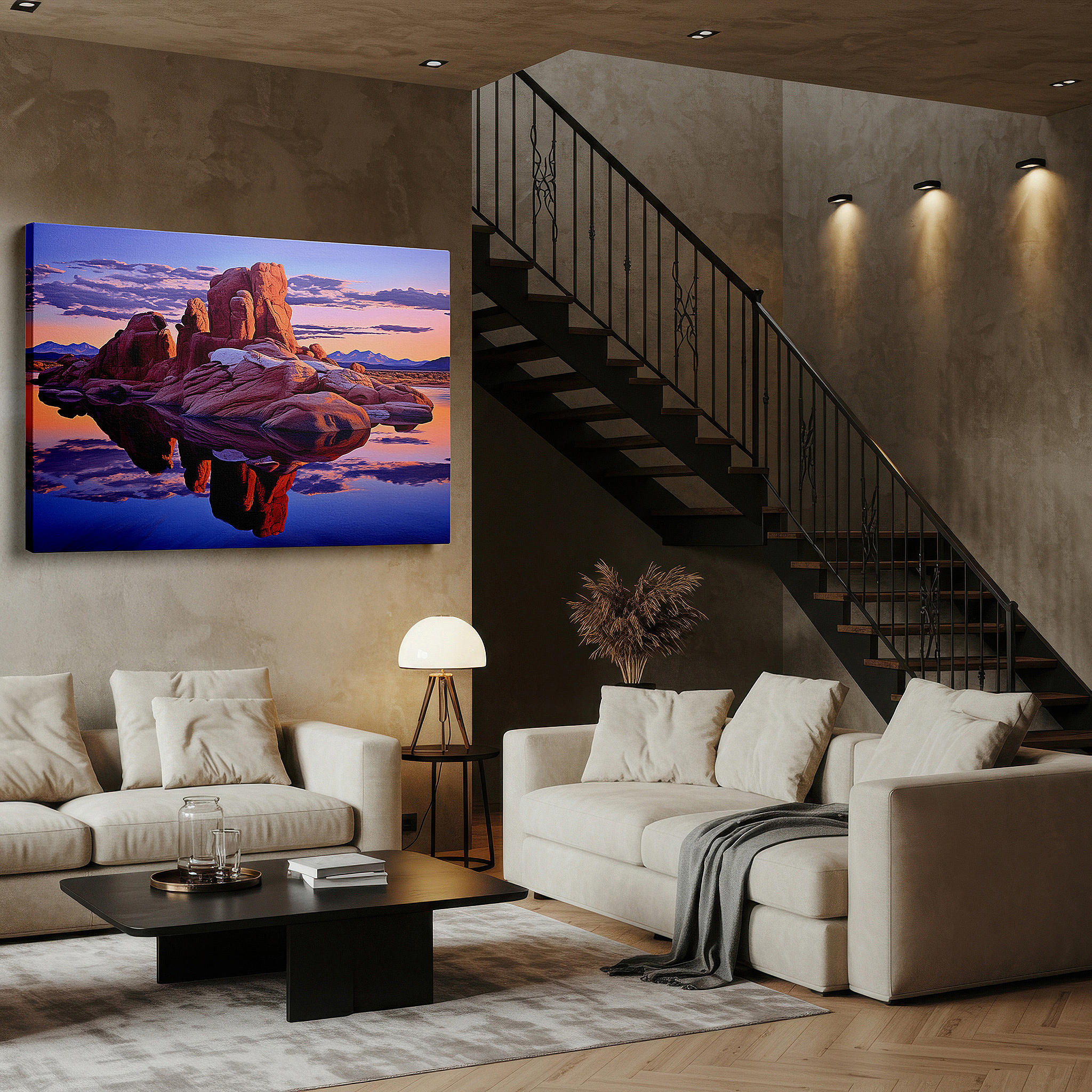 Balanced between two tall indoor plants near a window — serene lake at majestic dusk with towering rock formations reflecting the sunset's glow - large canvas wall art for office decor