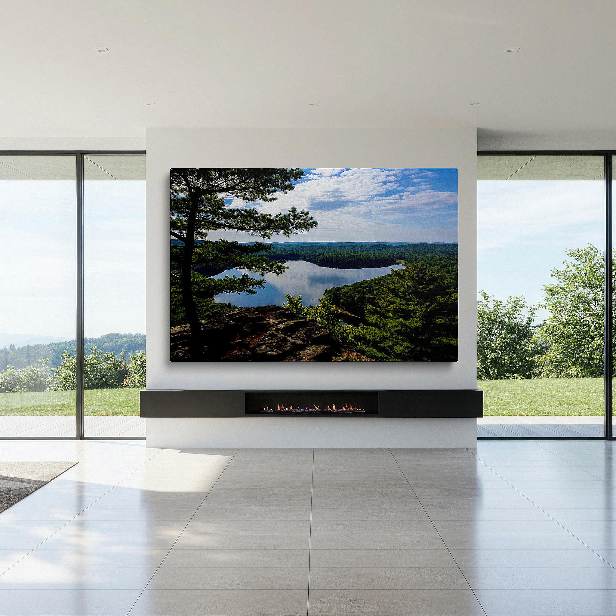 Balanced between two tall indoor plants near a window — serene lake and verdant forest reflections under a clear blue sky - large canvas wall art for office and bedroom decor