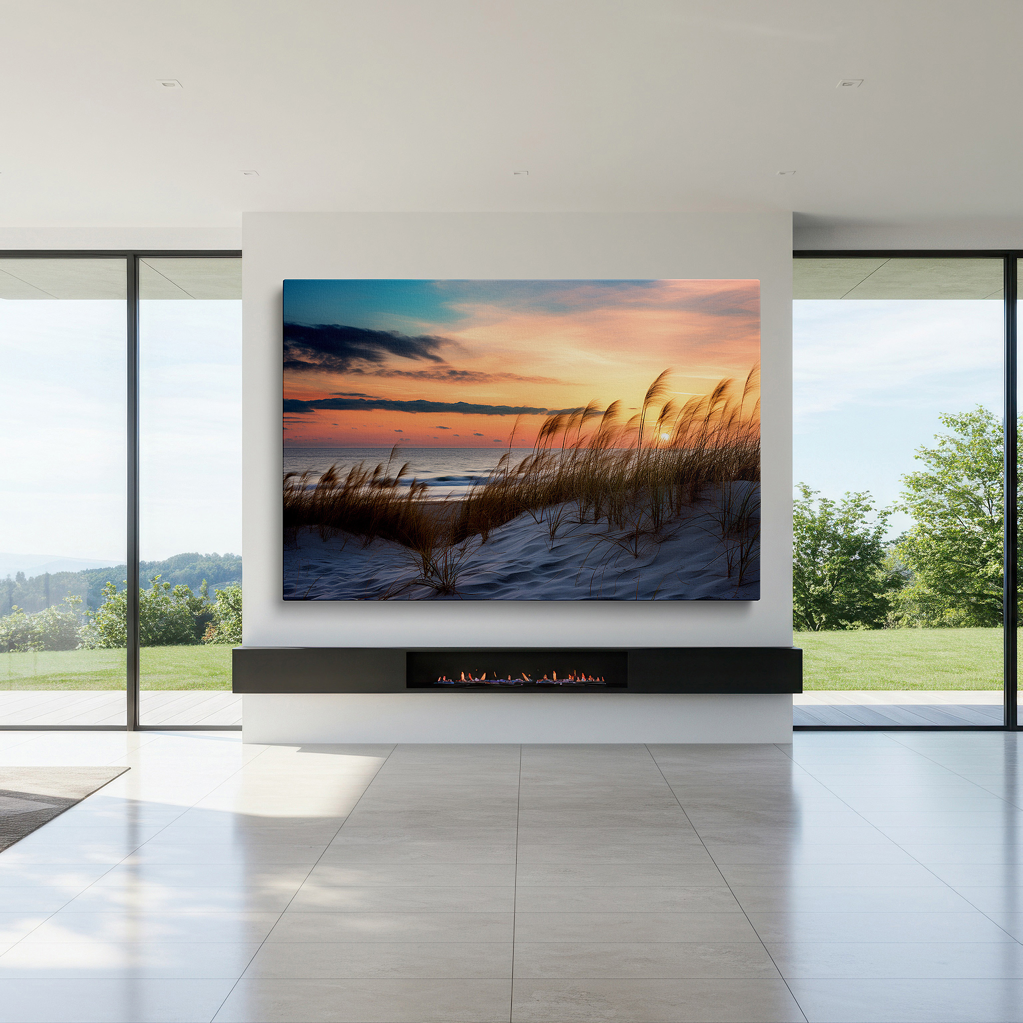 Balanced between two tall indoor plants near a window — serene ocean dune landscape with twilight sky and swaying grass: large canvas wall art for office, bedroom, and living room decor