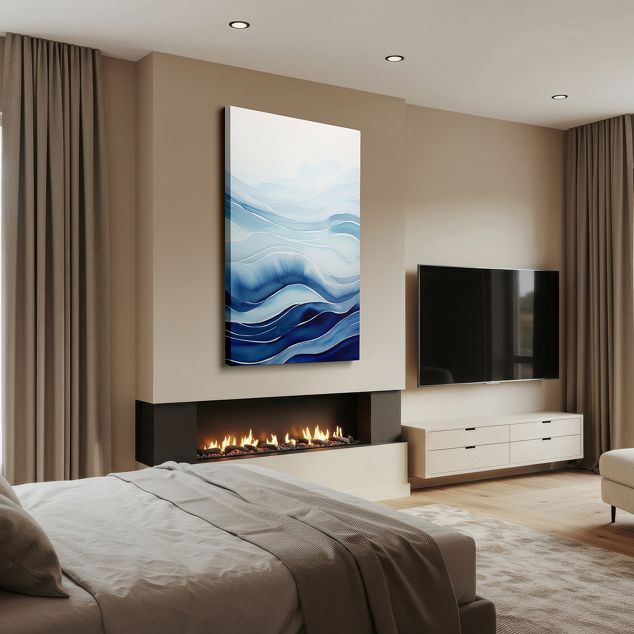 Balanced between two tall indoor plants near a window — serene ocean waves in soft blue hues, large tranquil wall art, canvas decor for office and bedroom