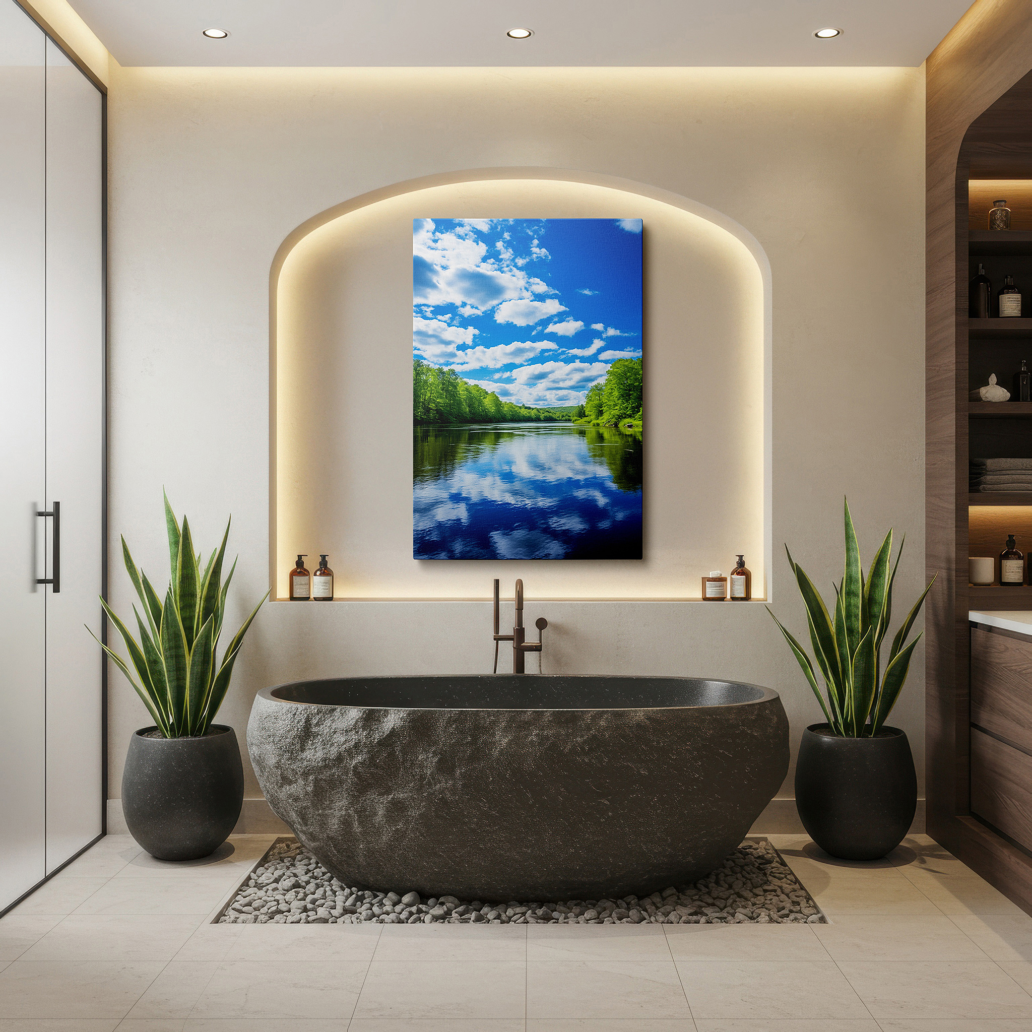 Balanced between two tall indoor plants near a window — serene riverscape and sky reflections: tranquil nature interplay large wall art, canvas decor for office and bedroom