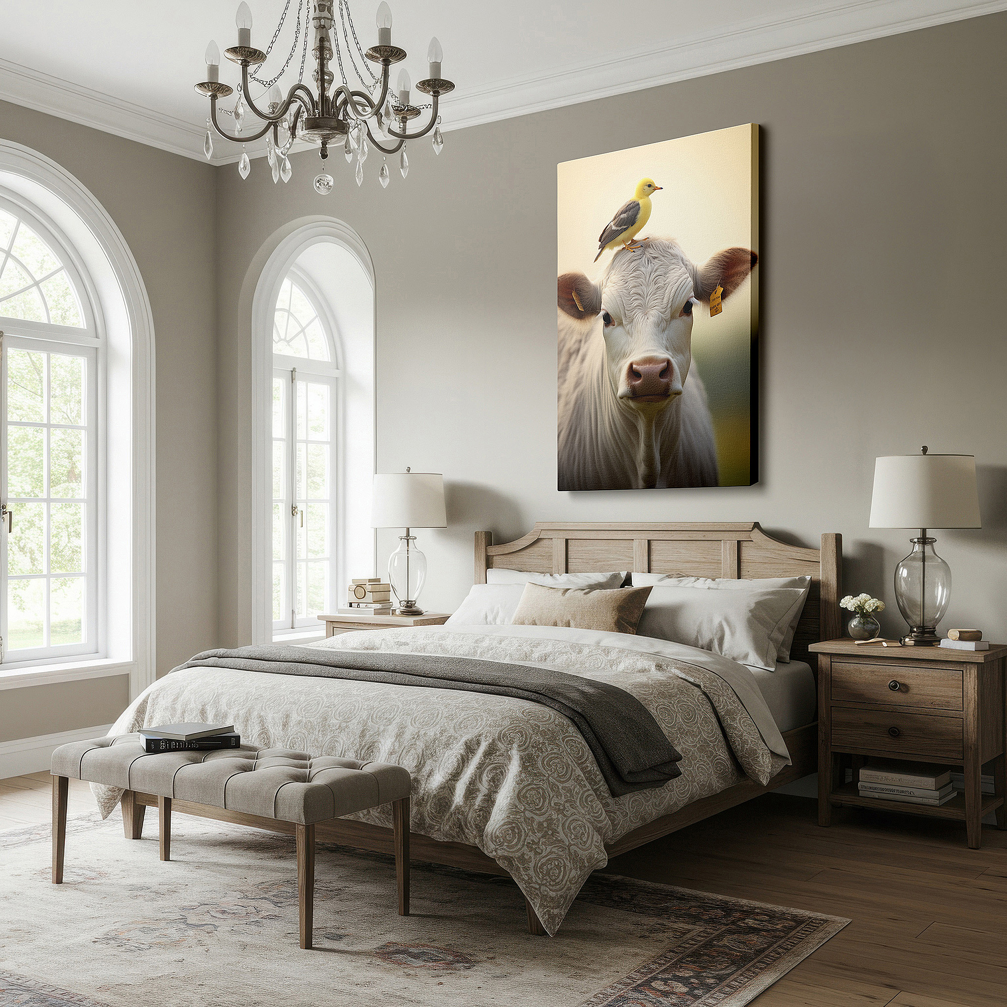 Balanced between two tall indoor plants near a window — serene rural life wall art featuring a gentle cow and playful yellow duck - large canvas for office, bedroom, or living room decor