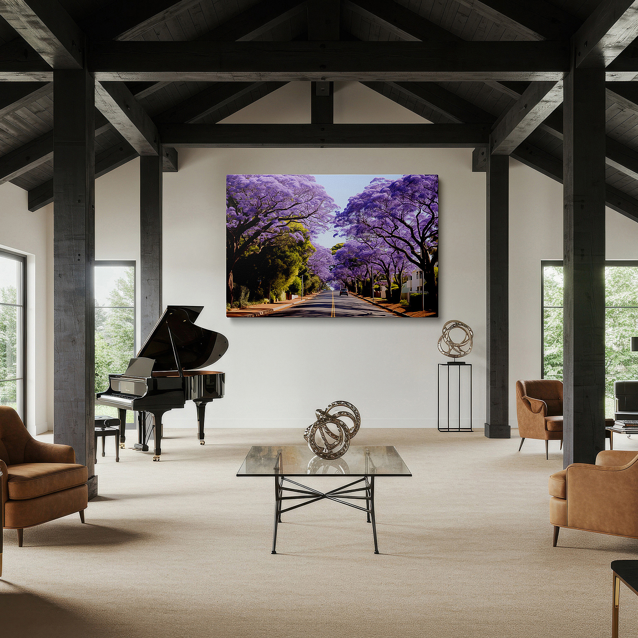 Balanced between two tall indoor plants near a window — serene street adorned with majestic jacaranda trees in bloom, featuring vibrant purple and lush greenery, large canvas wall art