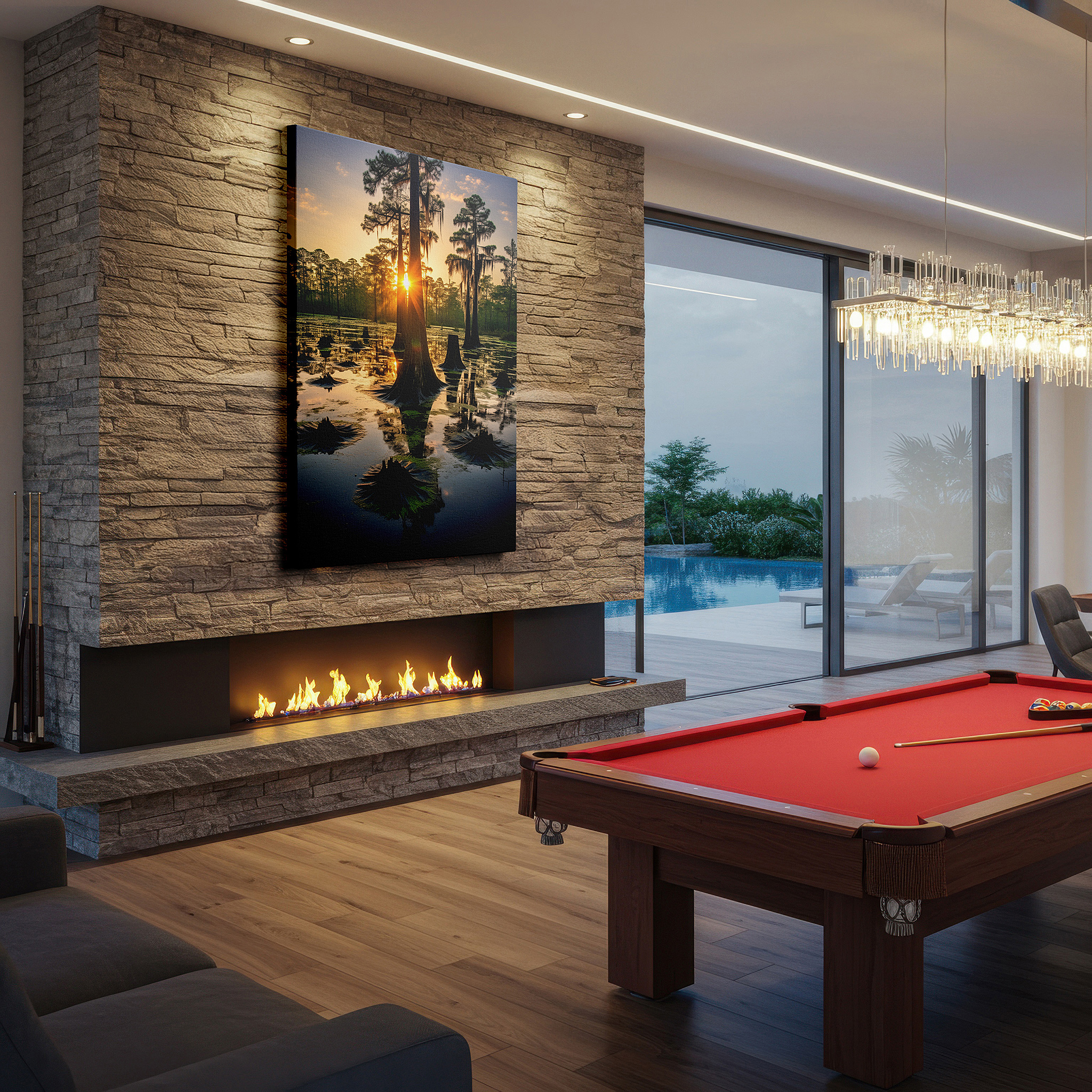 Balanced between two tall indoor plants near a window — serene sunset over cypress swamp: a tranquil reflection of nature's majesty - large canvas wall art for office and bedroom decor