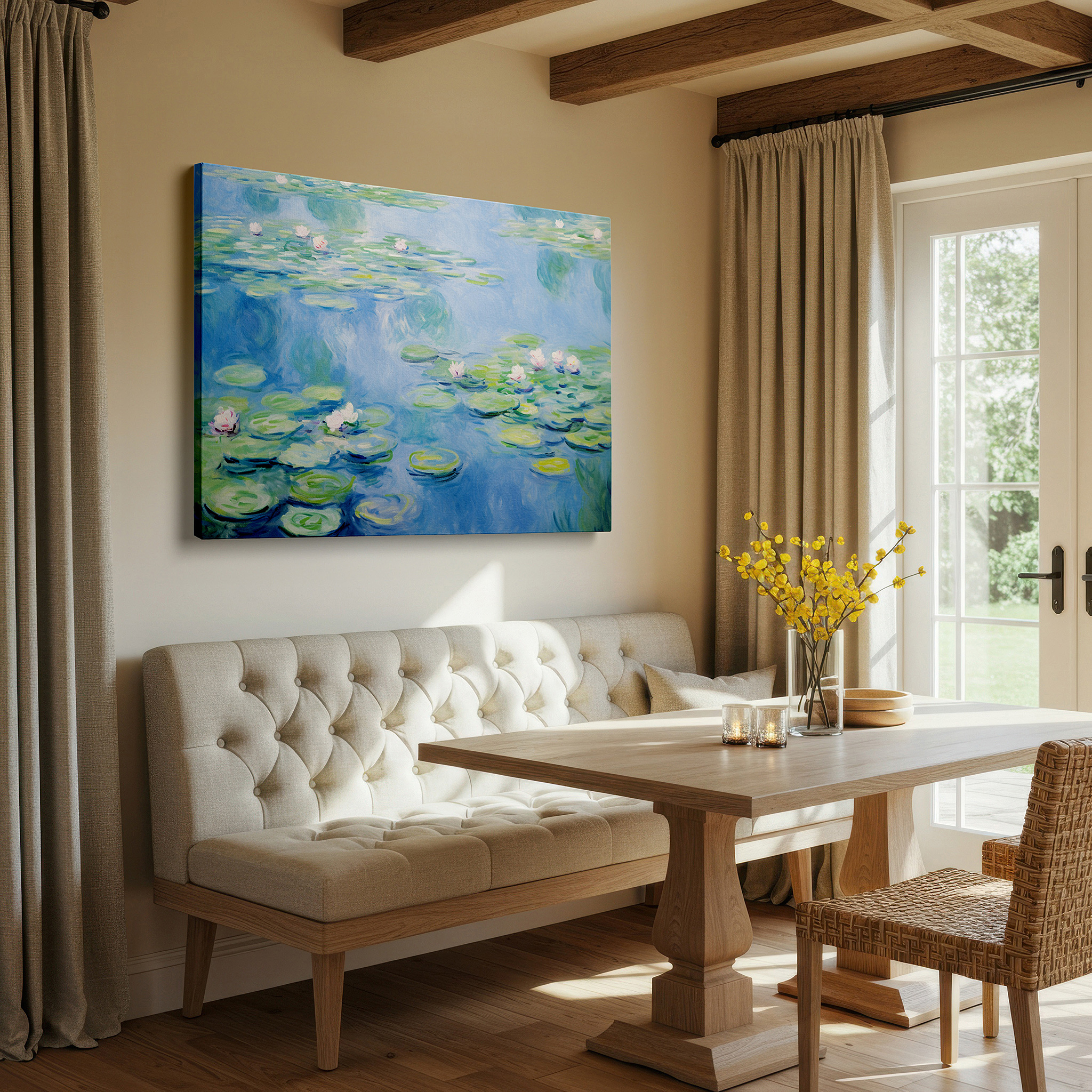 Balanced between two tall indoor plants near a window — serene water lilies on a tranquil pond - a masterful impressionist tribute: large canvas wall art for office and bedroom decor