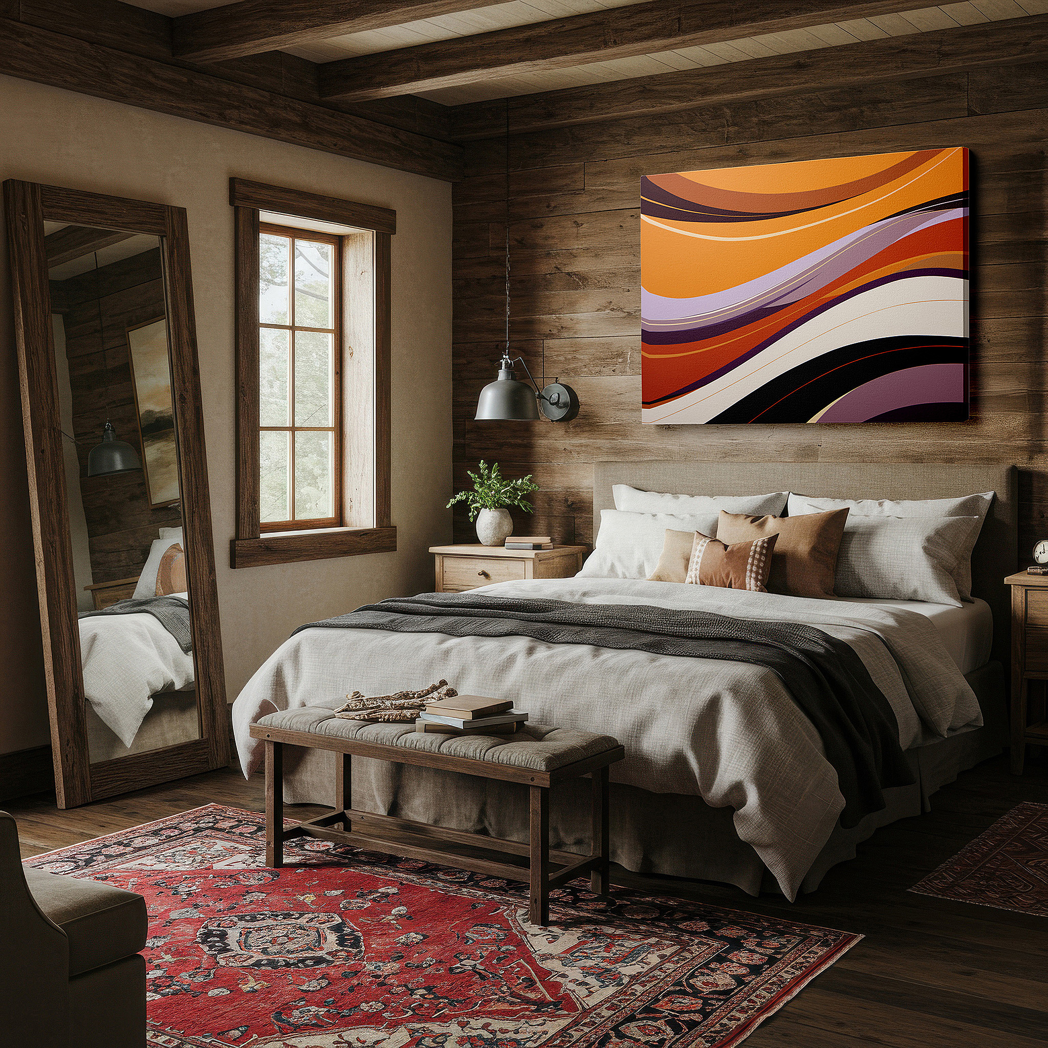 Balanced between two tall indoor plants near a window — serene waves of tranquility wall art in orange, purple, and neutral tones - large canvas for office and bedroom decor