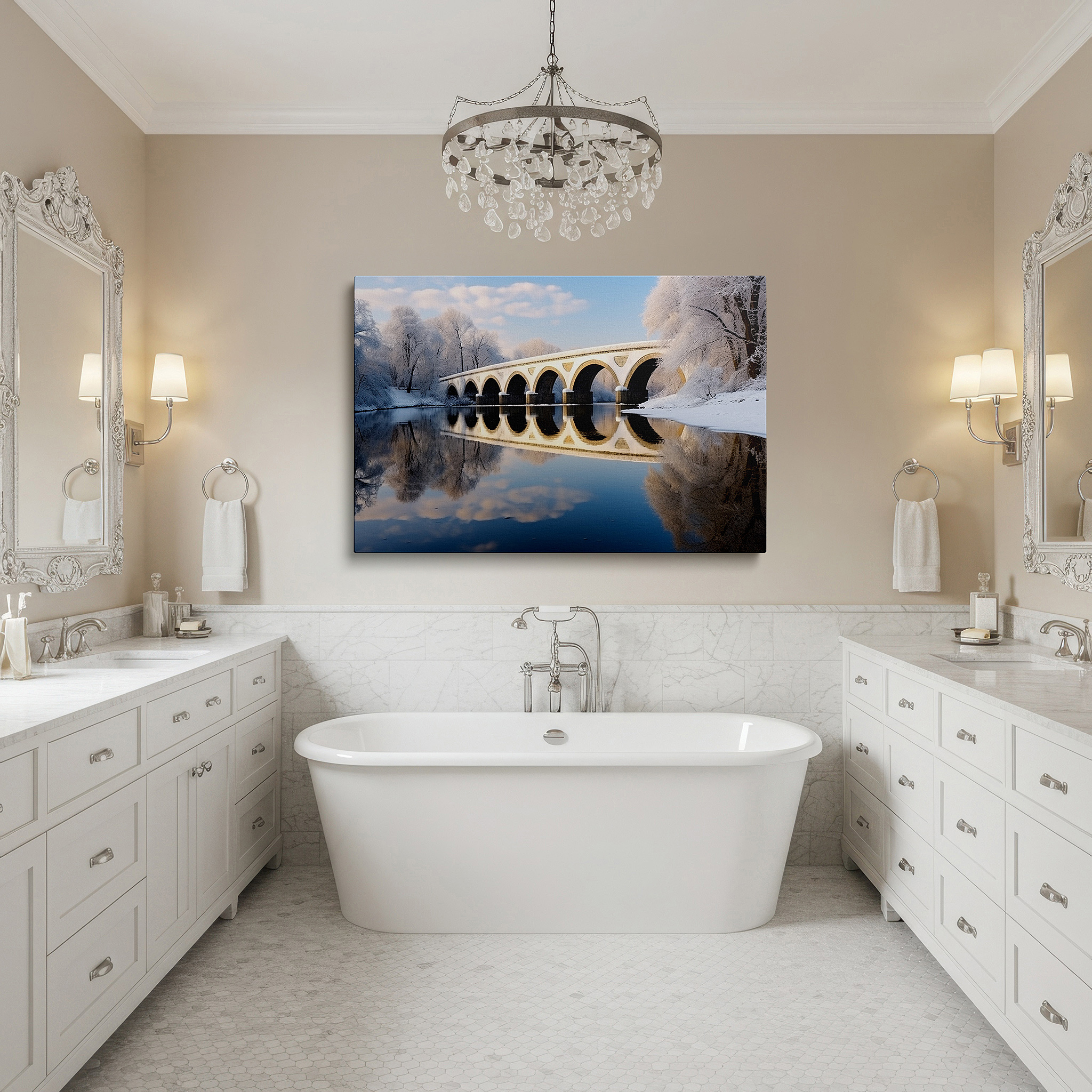 Balanced between two tall indoor plants near a window — serene winter scene with graceful arch bridge over calm waters - large canvas wall art for office and bedroom decor