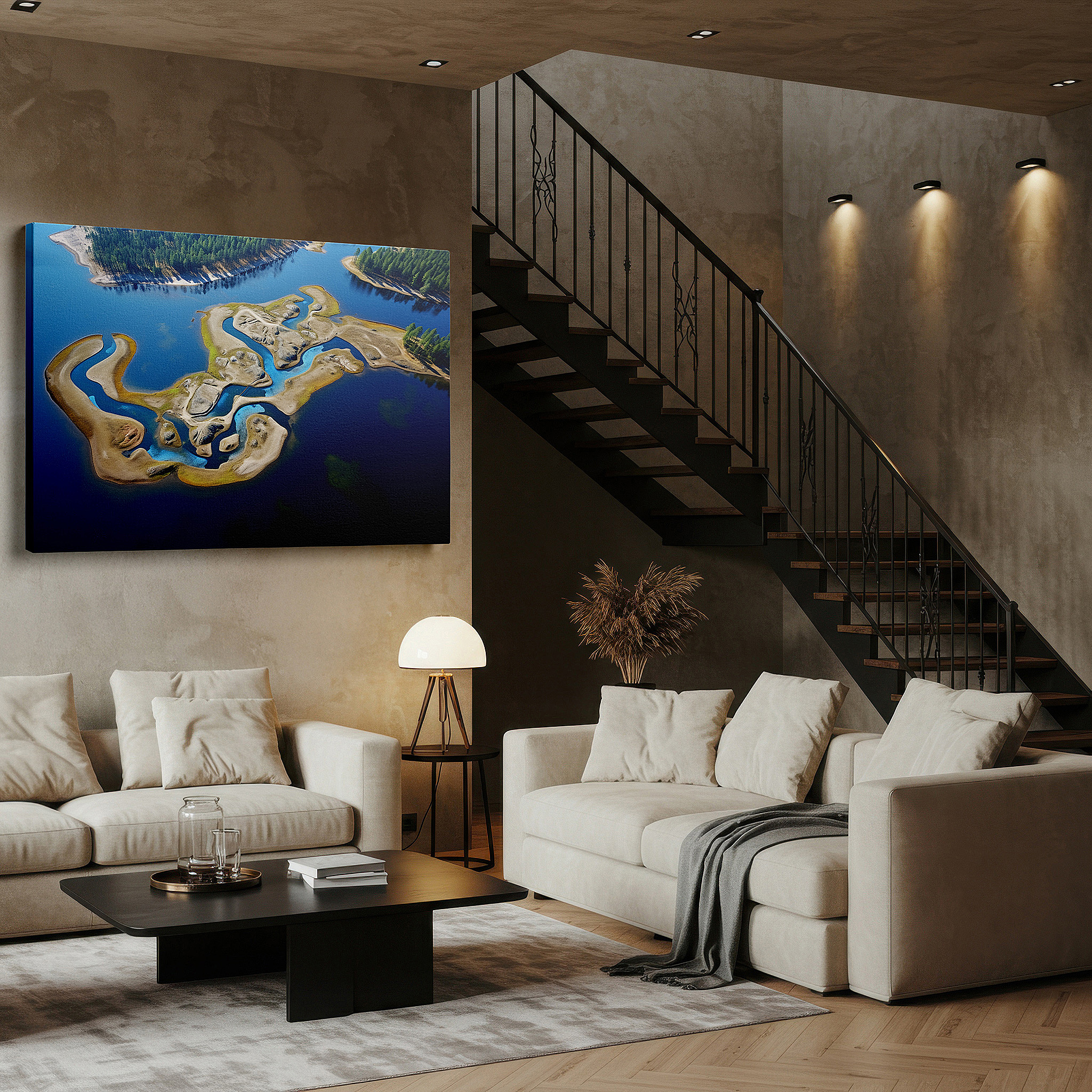 Balanced between two tall indoor plants near a window — serpentine rivers and emerald islands large canvas wall art, elegant aerial wall decor for office and bedroom