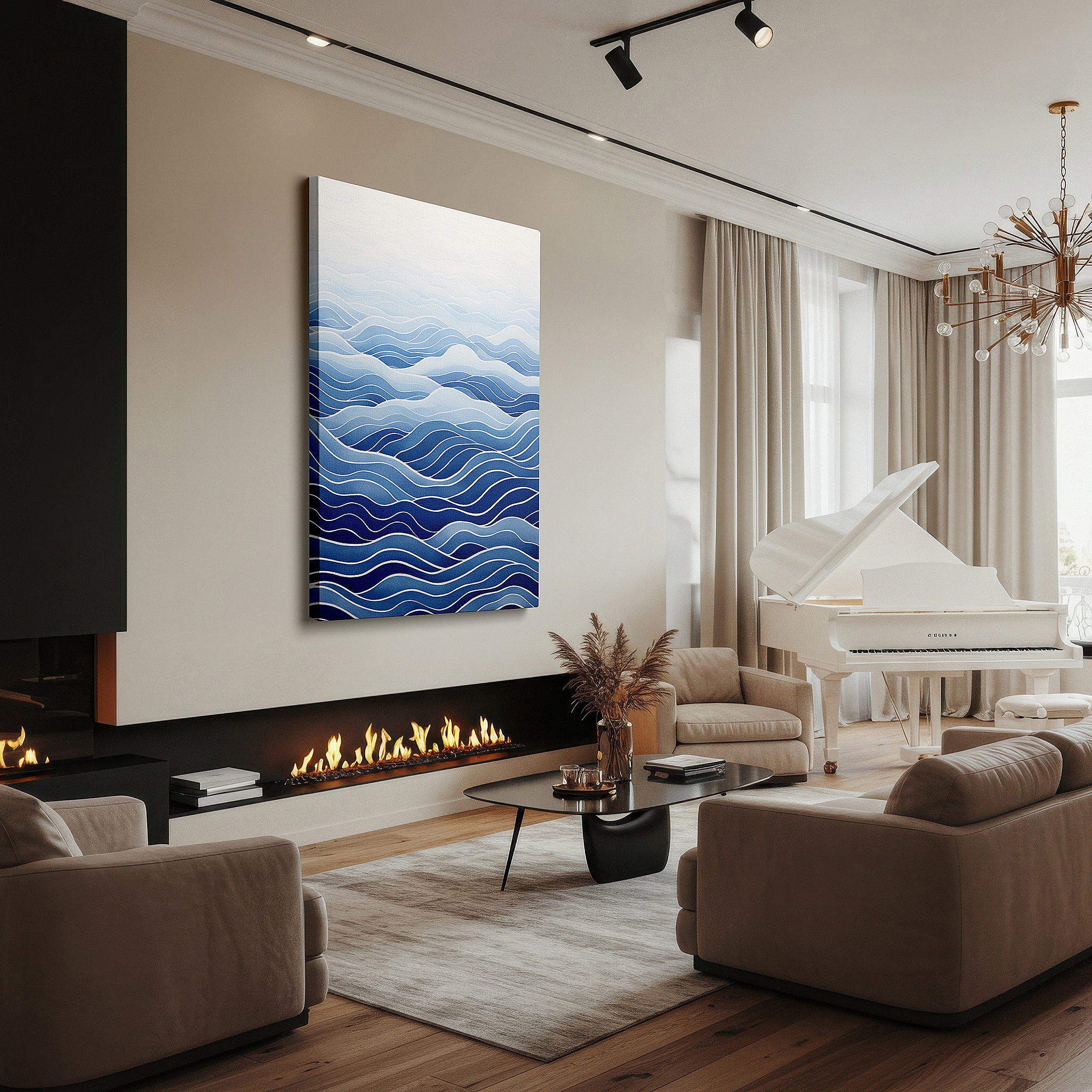 Balanced between two tall indoor plants near a window — soft blue gradients of serene ocean waves, tranquil visuals for calming spaces - large wall art, canvas wall art, wall decor for offices