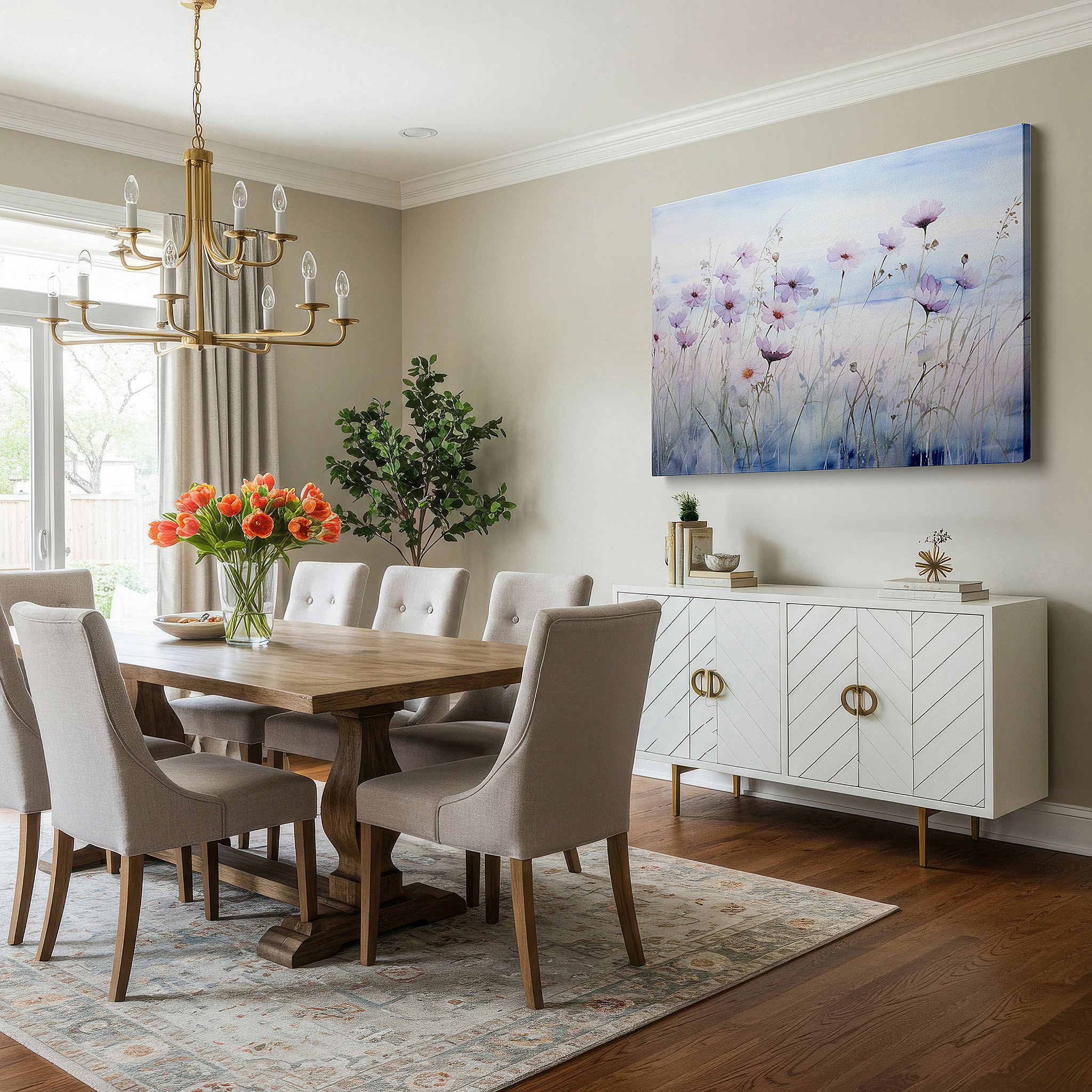 Balanced between two tall indoor plants near a window — soft-hued serene blooms: tranquil floral wall art for peaceful spaces, perfect for office decor, large canvas prints