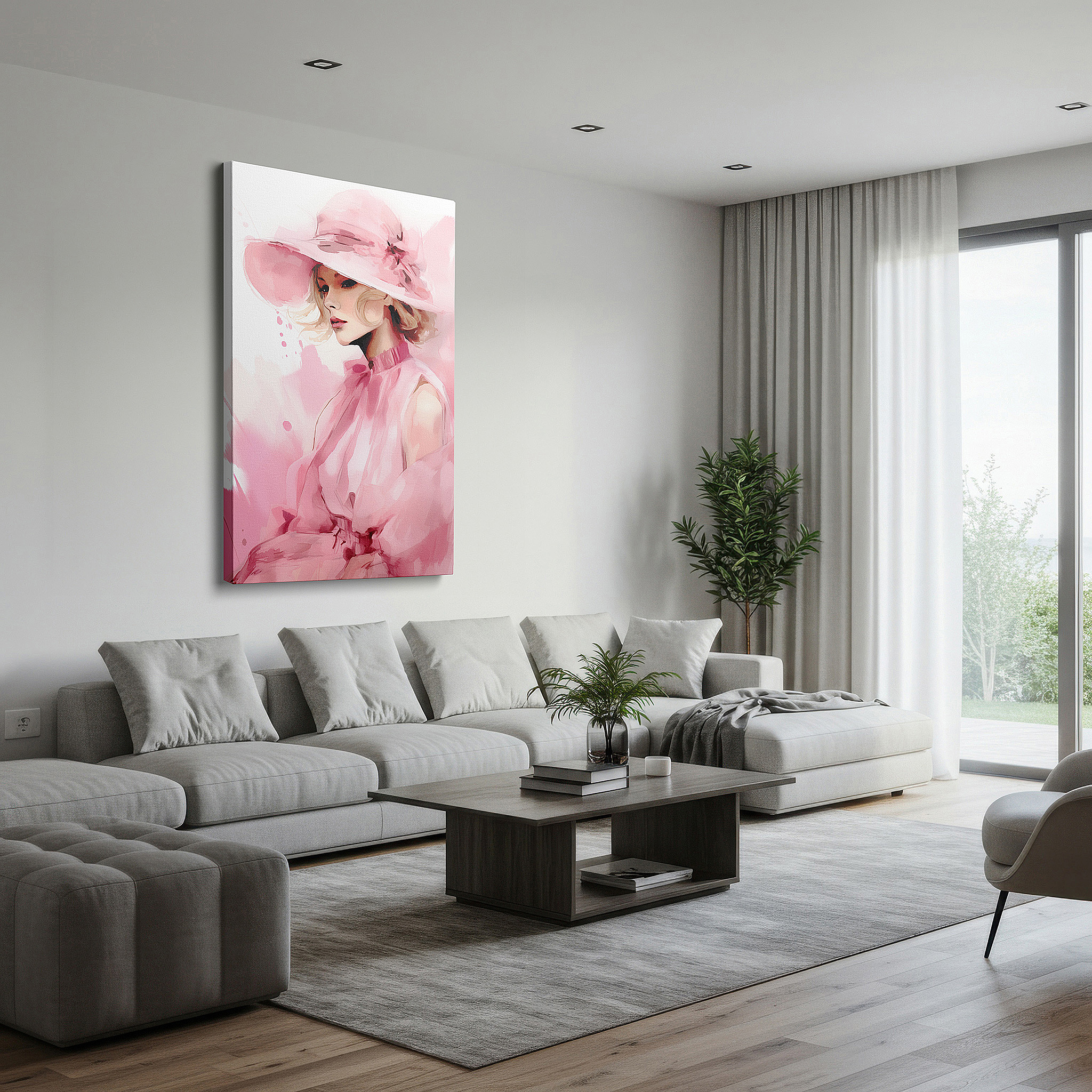 Balanced between two tall indoor plants near a window — soft hues of elegance in pink: a serene modern womanhood portrait - large wall art, canvas wall art, wall decor for office and bedroom