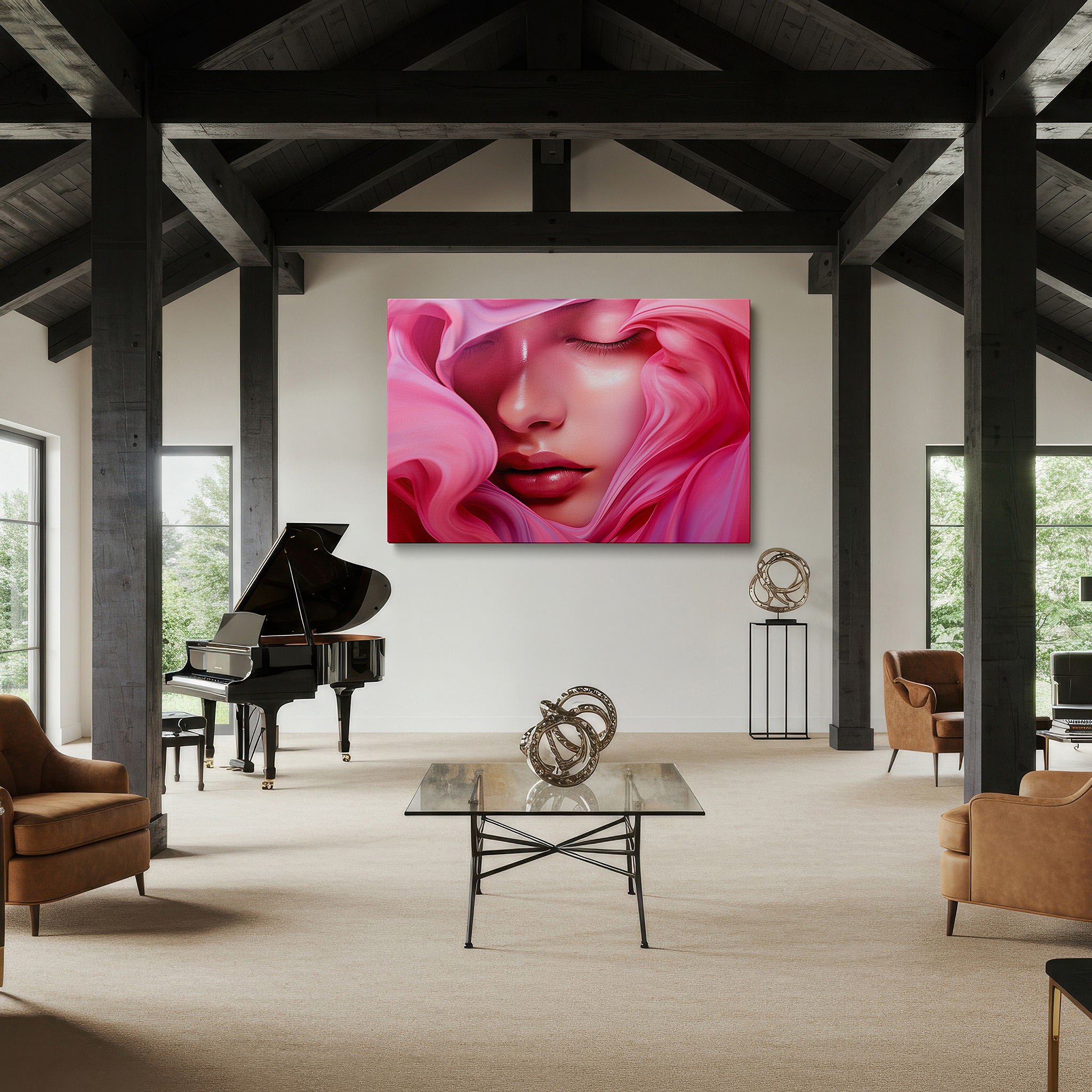 Balanced between two tall indoor plants near a window — soft pink fabric depicting ethereal serenity: a tranquil, introspective large wall art for peaceful decor in offices and homes