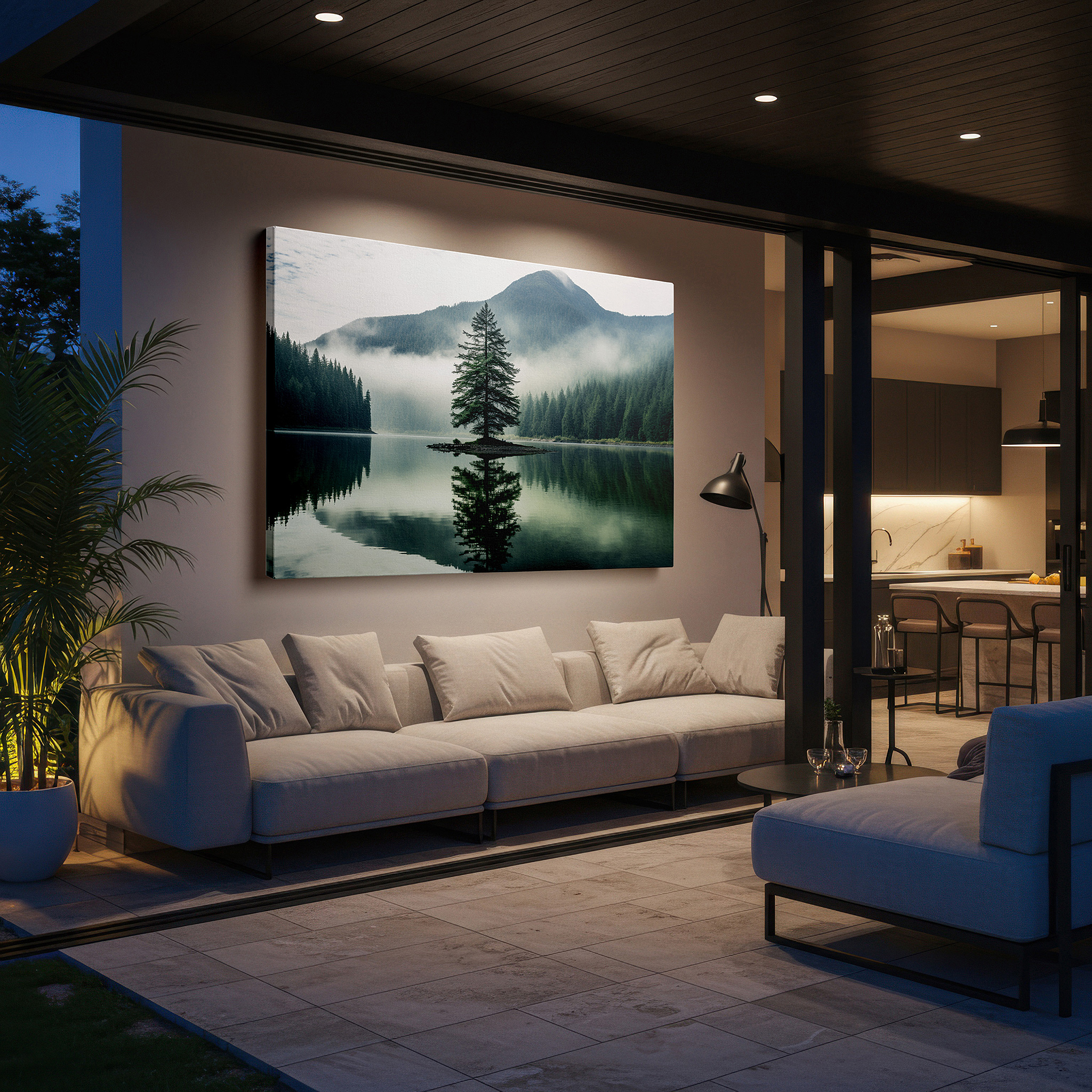 Balanced between two tall indoor plants near a window — solitary tree on a foggy island reflecting on calm waters - large canvas wall art for office and bedroom decor