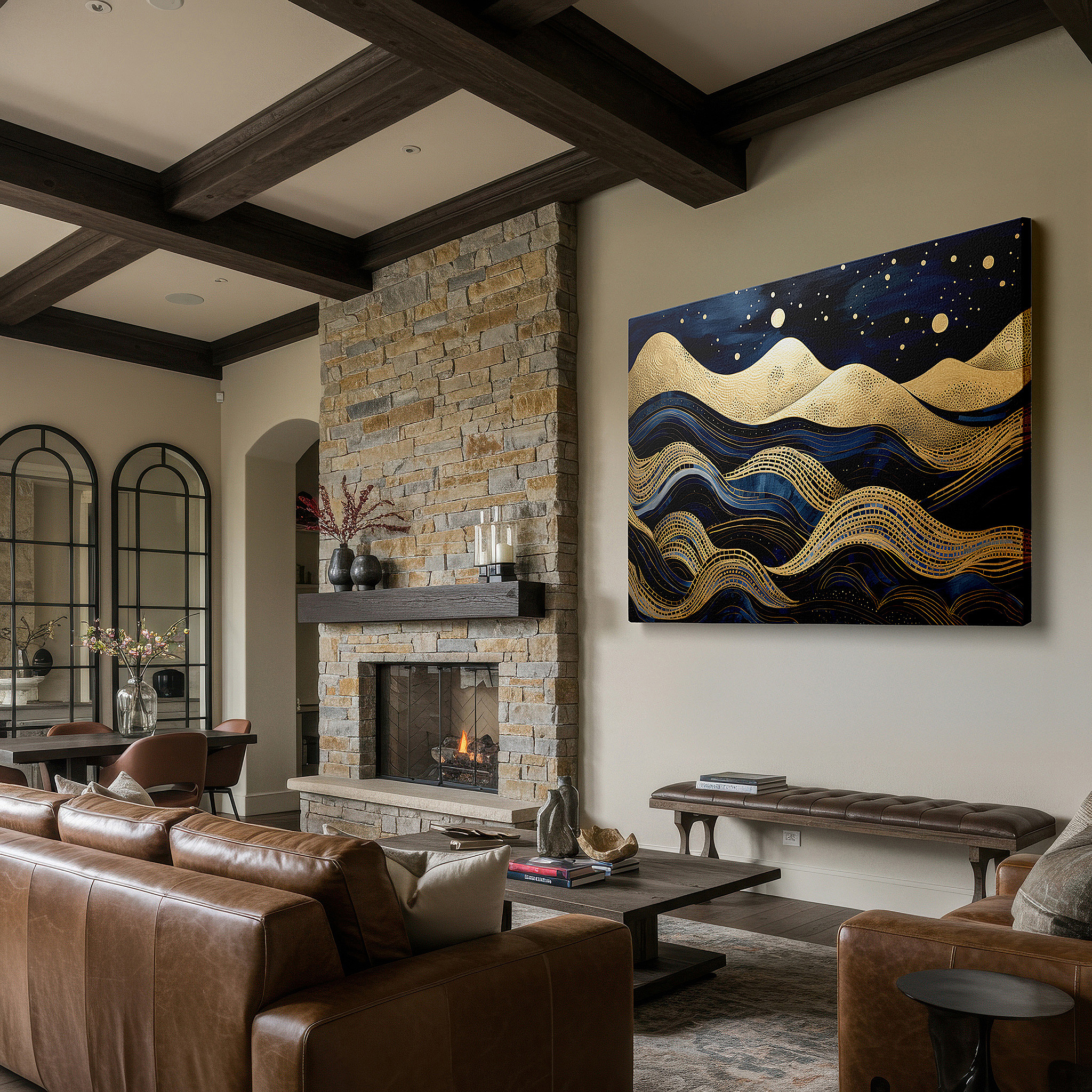 Balanced between two tall indoor plants near a window — starry night over mystical landscape with golden waves and ethereal hills, large canvas wall art for office decor