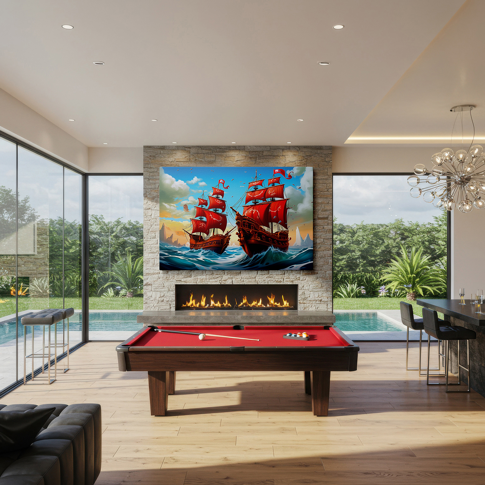 Balanced between two tall indoor plants near a window — stormy seas and red-sailed pirate ships large canvas wall art for office and bedroom decor