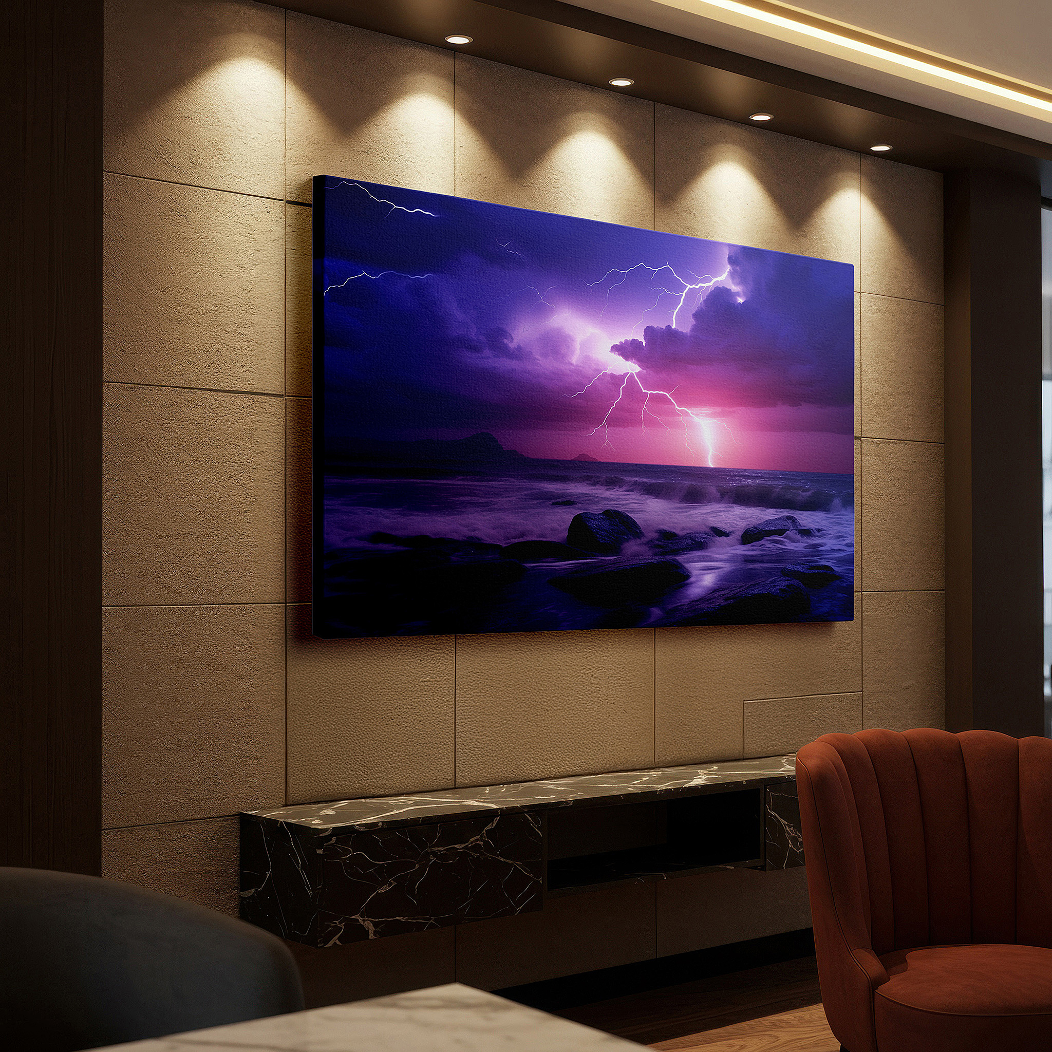 Balanced between two tall indoor plants near a window — stormy seascape canvas: lightning and turbulent ocean waters - large wall art for office, bedroom, and living room decor