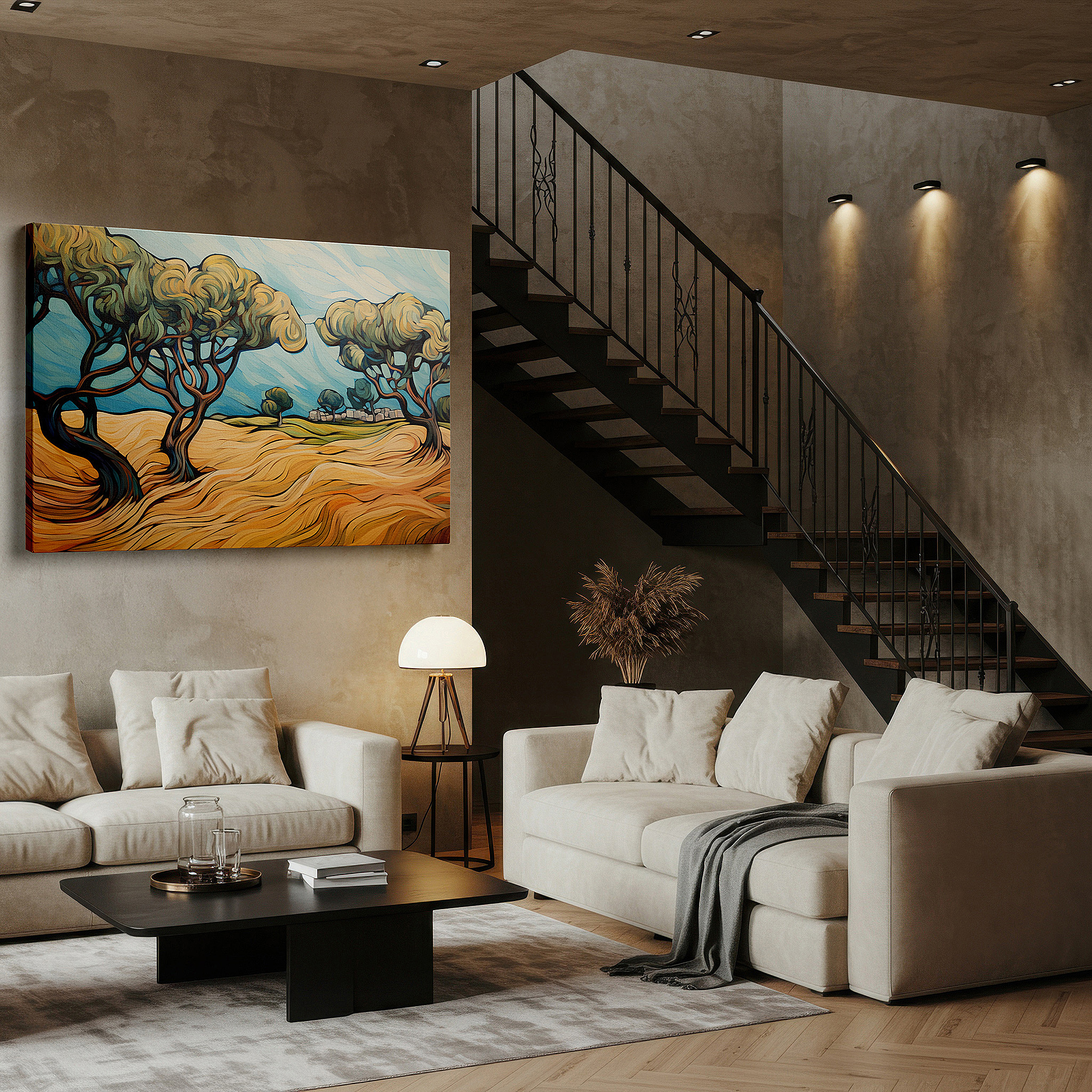 Balanced between two tall indoor plants near a window — stylized trees and vibrant landscapes harmonious dance large wall art, canvas wall art, wall decor for office and bedroom