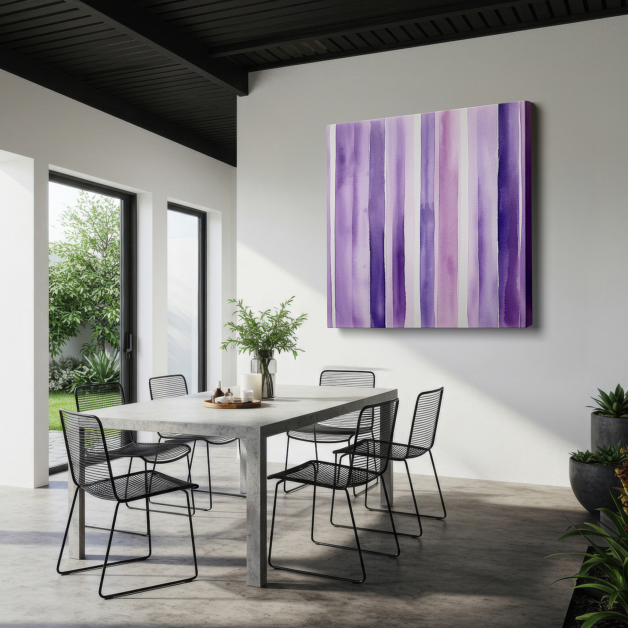 Balanced between two tall indoor plants near a window — subtle purple stripes radiating harmony and tranquility - large canvas wall art for office and bedroom decor