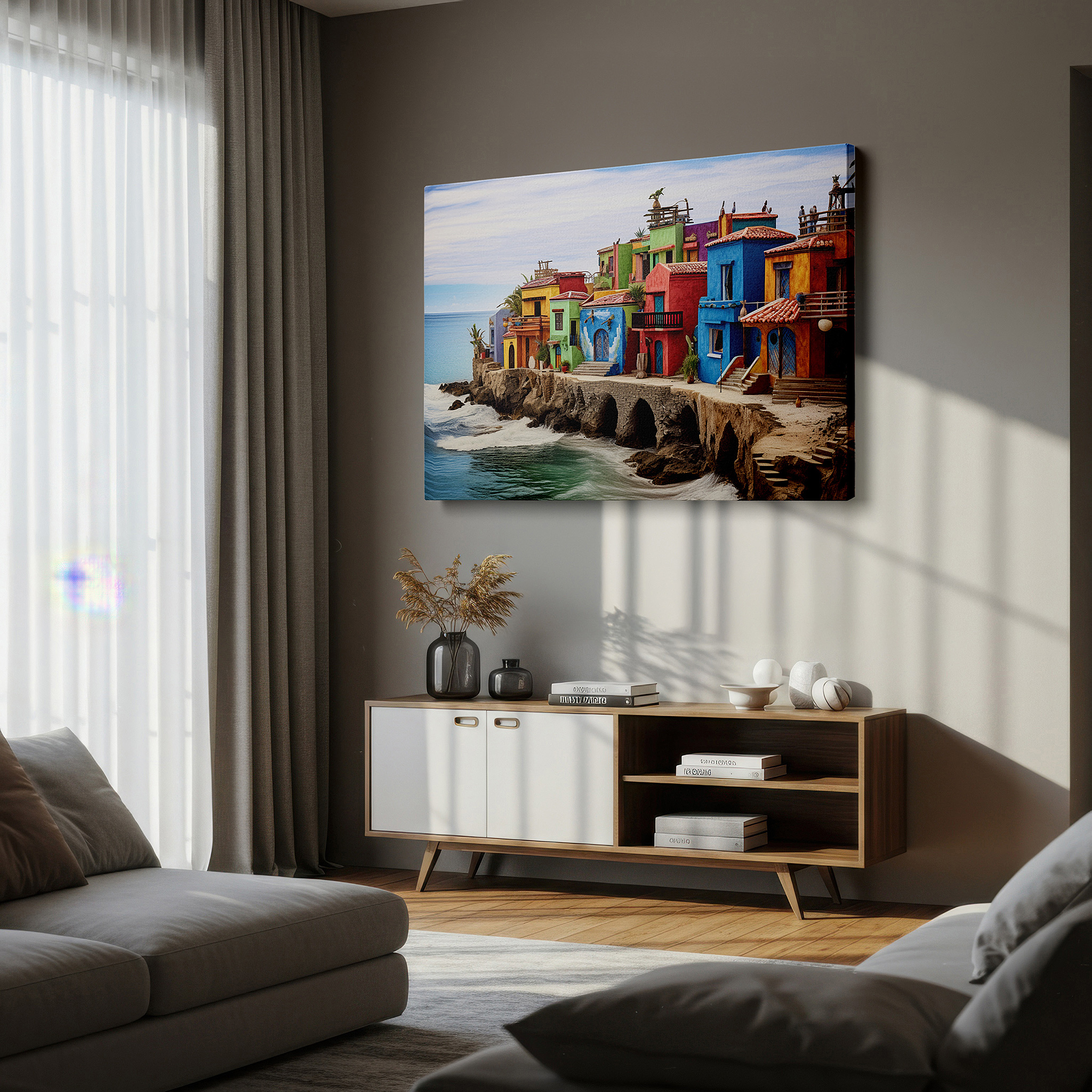 Balanced between two tall indoor plants near a window — sunlit cliffside coastal village, escape to serene blue waters large wall art, canvas wall art, wall decor for office and bedroom