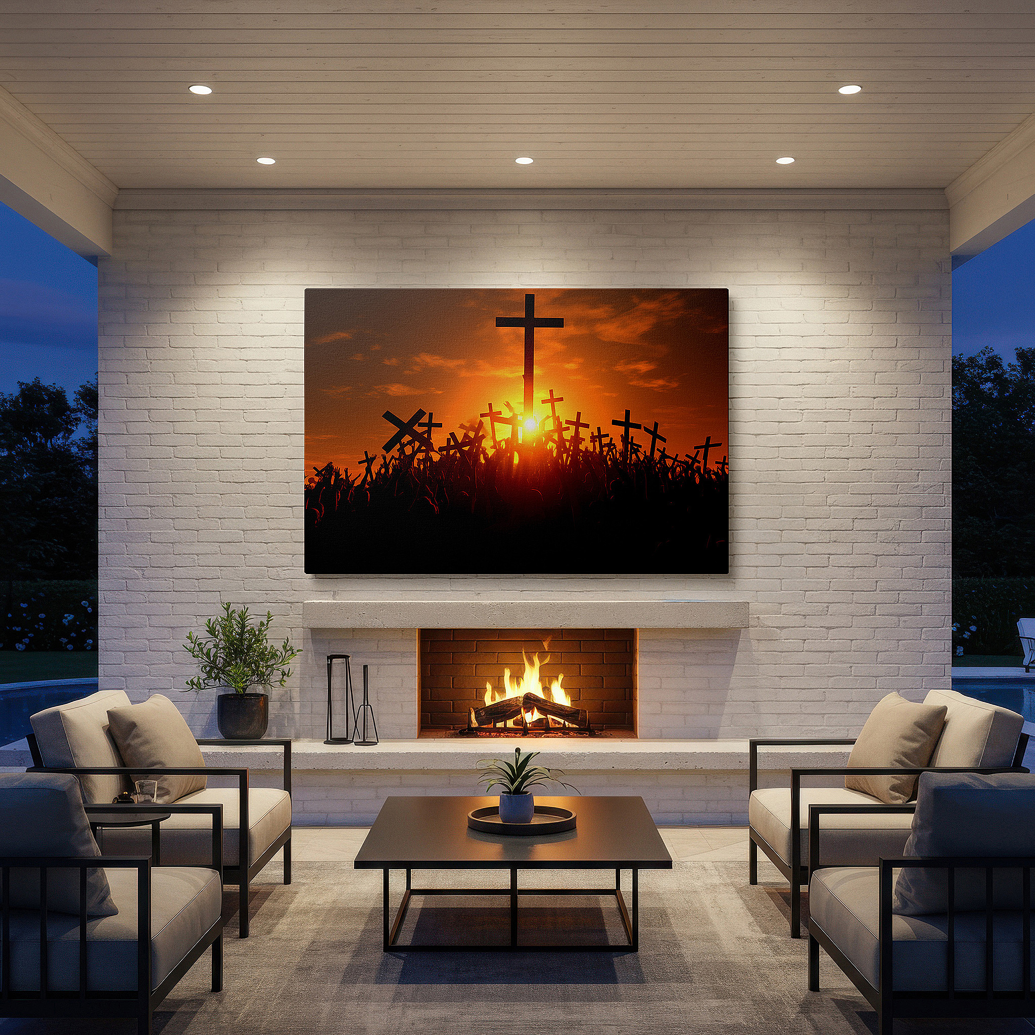Balanced between two tall indoor plants near a window — sunset gathering wall art: faith, unity, and renewal in warm hues - large canvas for office, bedroom, and living room decor