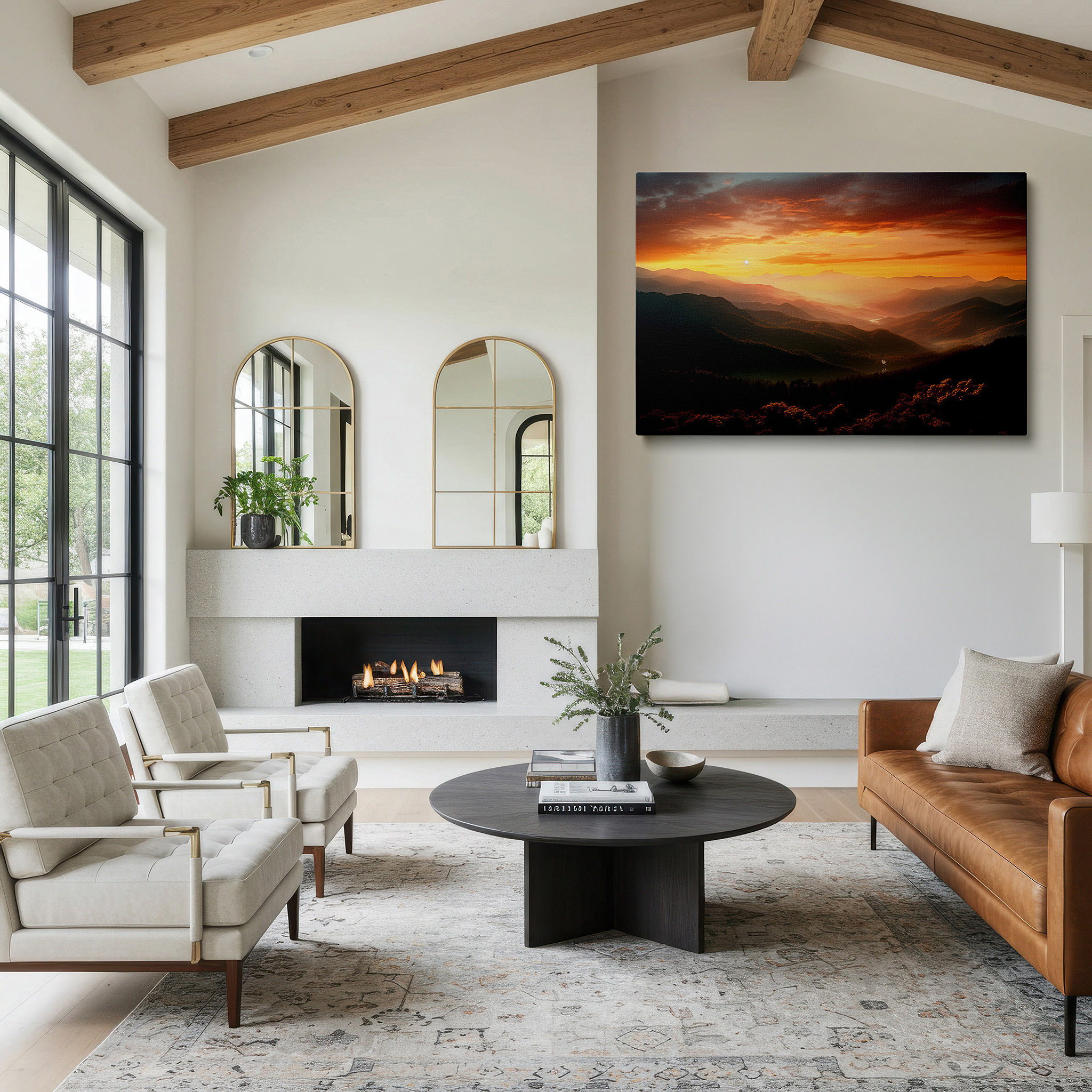 Balanced between two tall indoor plants near a window — sunset glow over majestic mountains - panoramic nature splendor large wall art, canvas wall art, wall decor for office