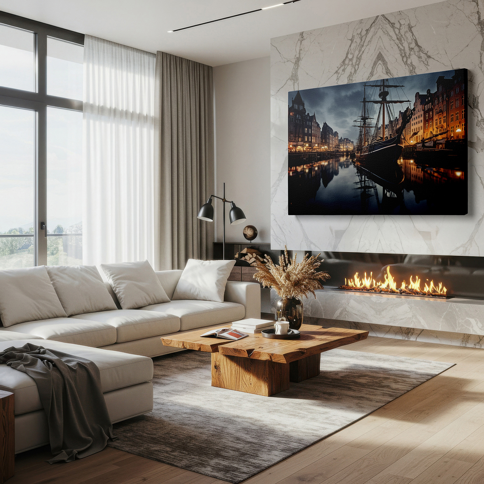 Balanced between two tall indoor plants near a window — tranquil harbor at dusk: majestic ship and historical elegance - large canvas wall art for office, bedroom, and living room decor