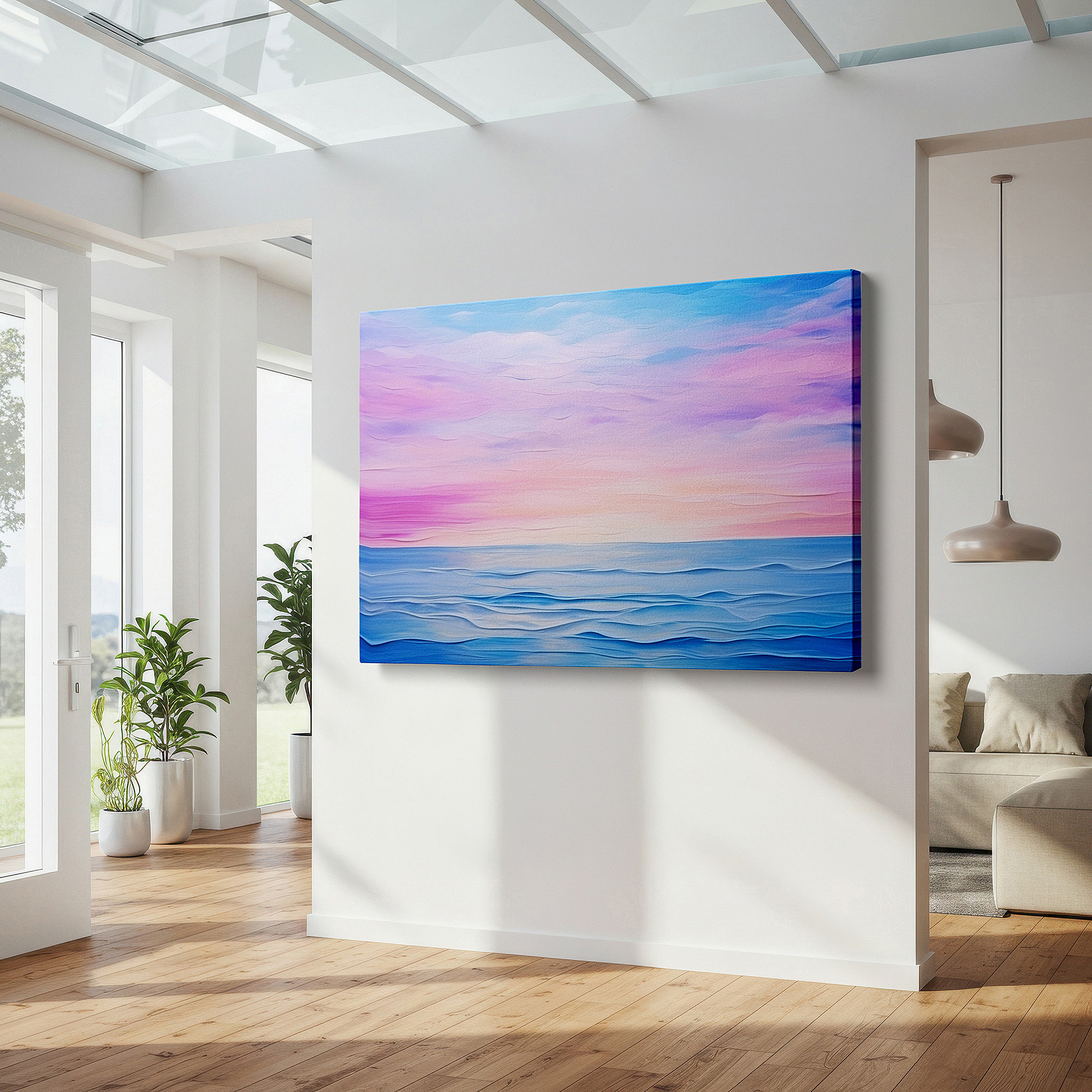 Balanced between two tall indoor plants near a window — tranquil seascape at dusk: large canvas wall art featuring gentle waves and pastel hues, perfect for office, bedroom, or living room decor