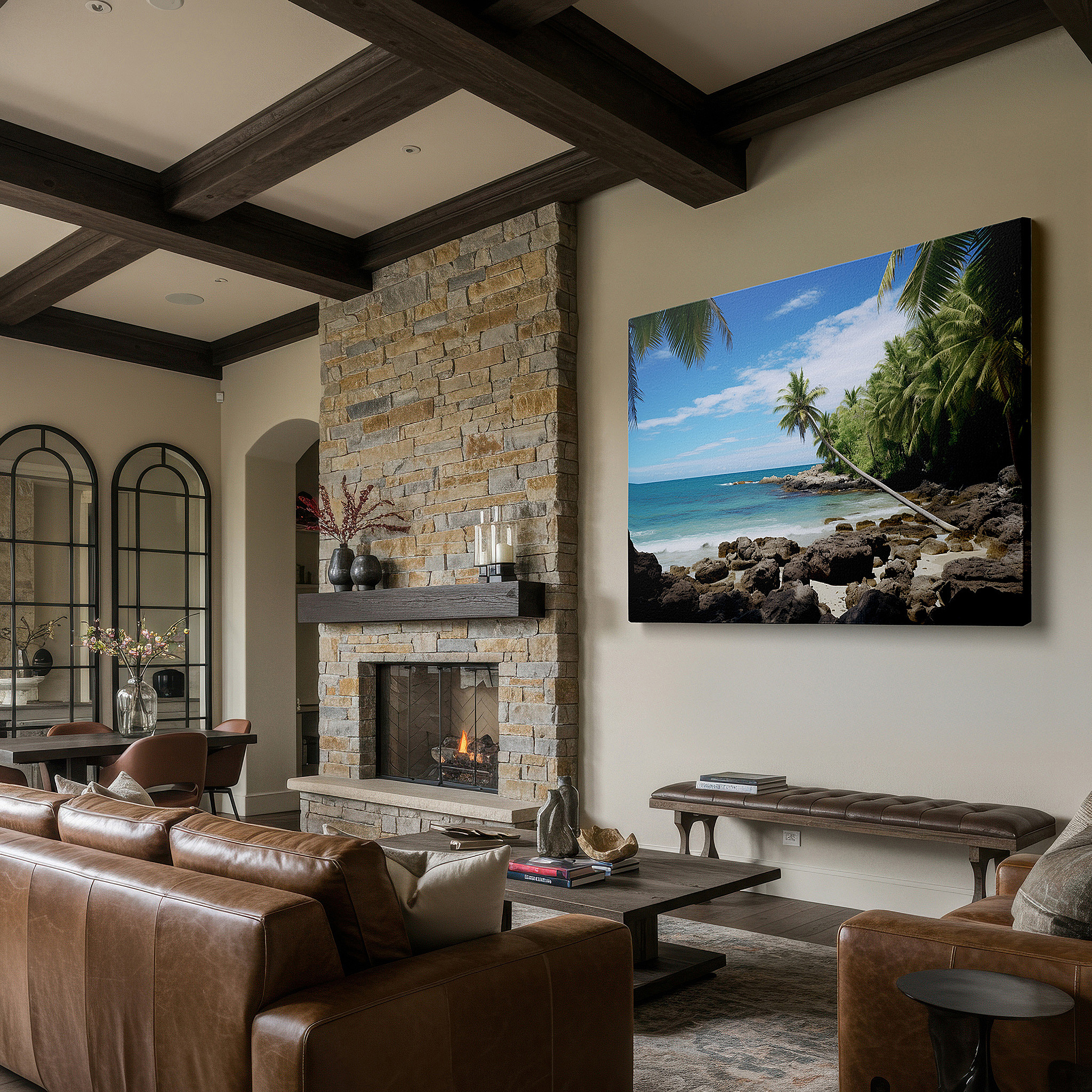Balanced between two tall indoor plants near a window — tropical paradise canvas wall art featuring palm trees and rocky coastline under a sunlit sky, perfect for office or bedroom decor