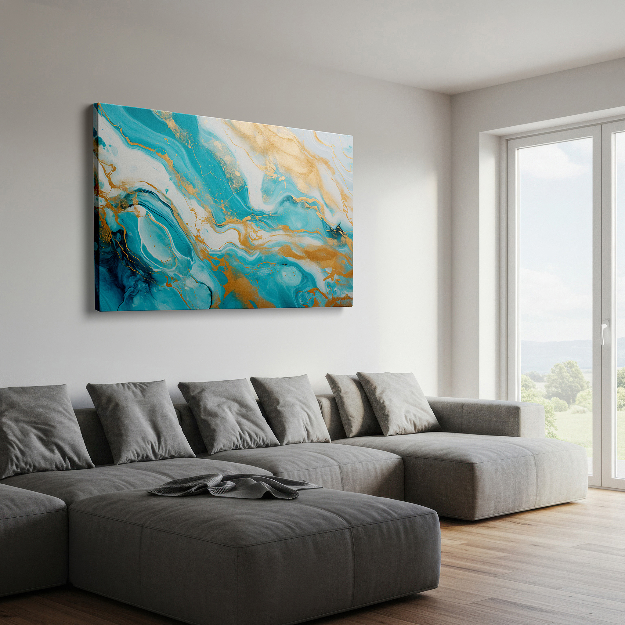 Balanced between two tall indoor plants near a window — turquoise and gold swirls: oceanic elegance and sunlit opulence in dynamic large wall art, canvas wall art