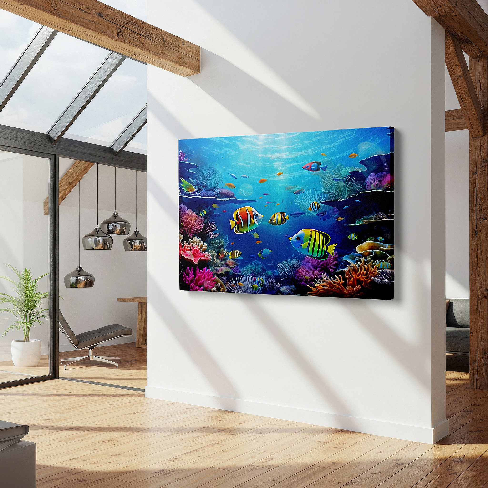 Balanced between two tall indoor plants near a window — underwater coral reef diversity large wall art - vibrant canvas decor for office, bedroom, and living room
