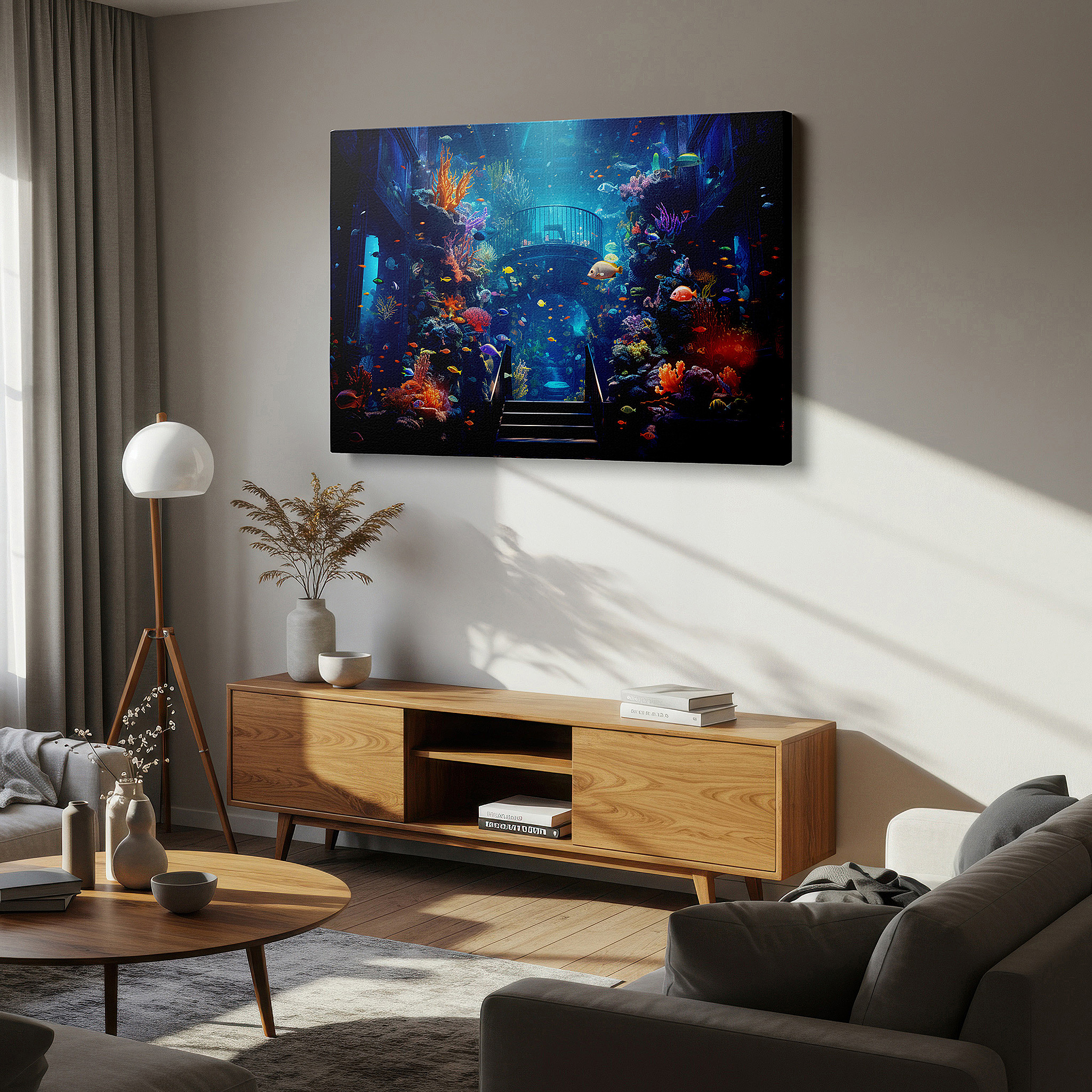 Balanced between two tall indoor plants near a window — underwater serenity wall art: explore the vibrant marine life and coral reefs in a mesmerizing deep sea journey - large canvas wall art for home and office decor