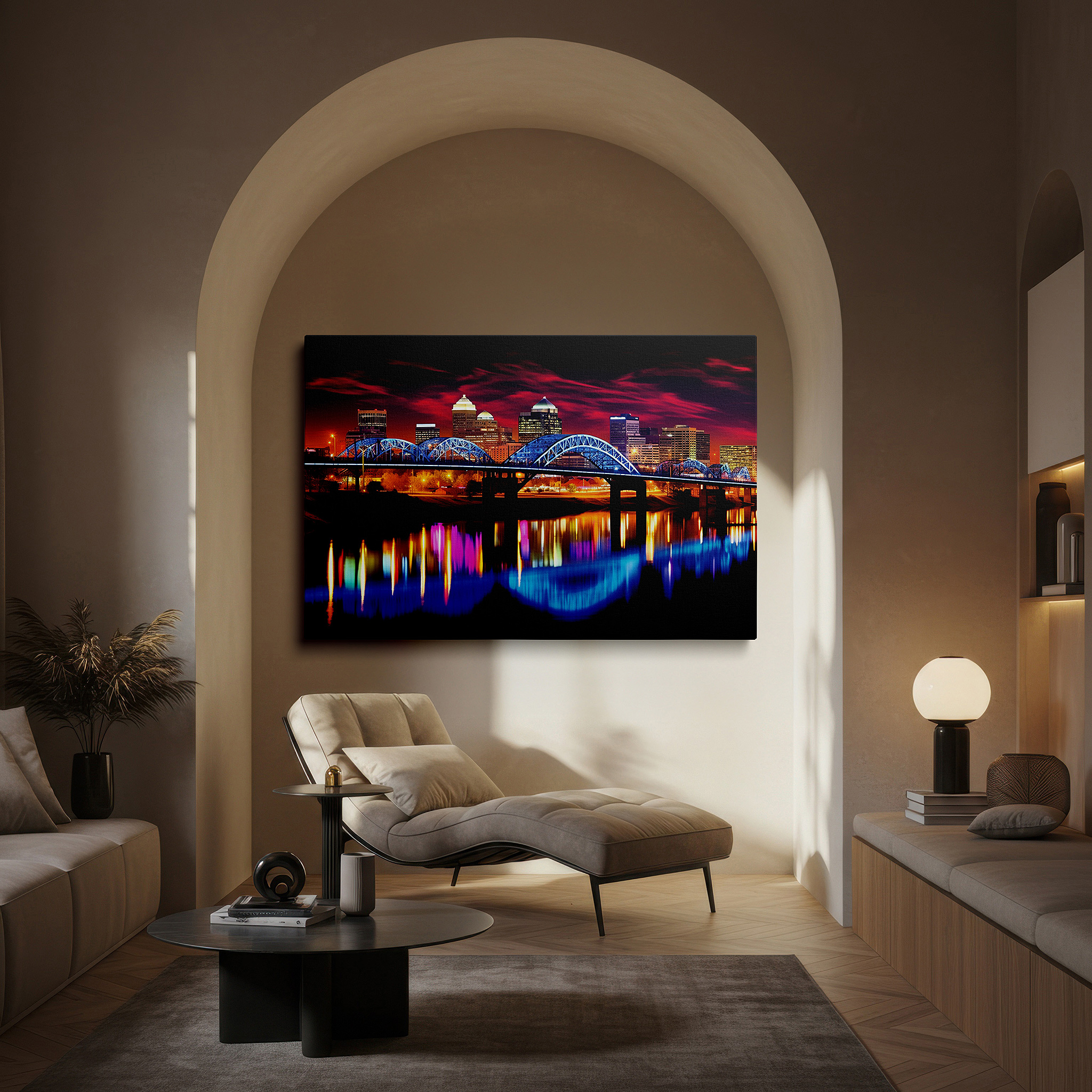 Balanced between two tall indoor plants near a window — urban twilight: where day meets night in the cityscape - large canvas wall art for office and bedroom decor