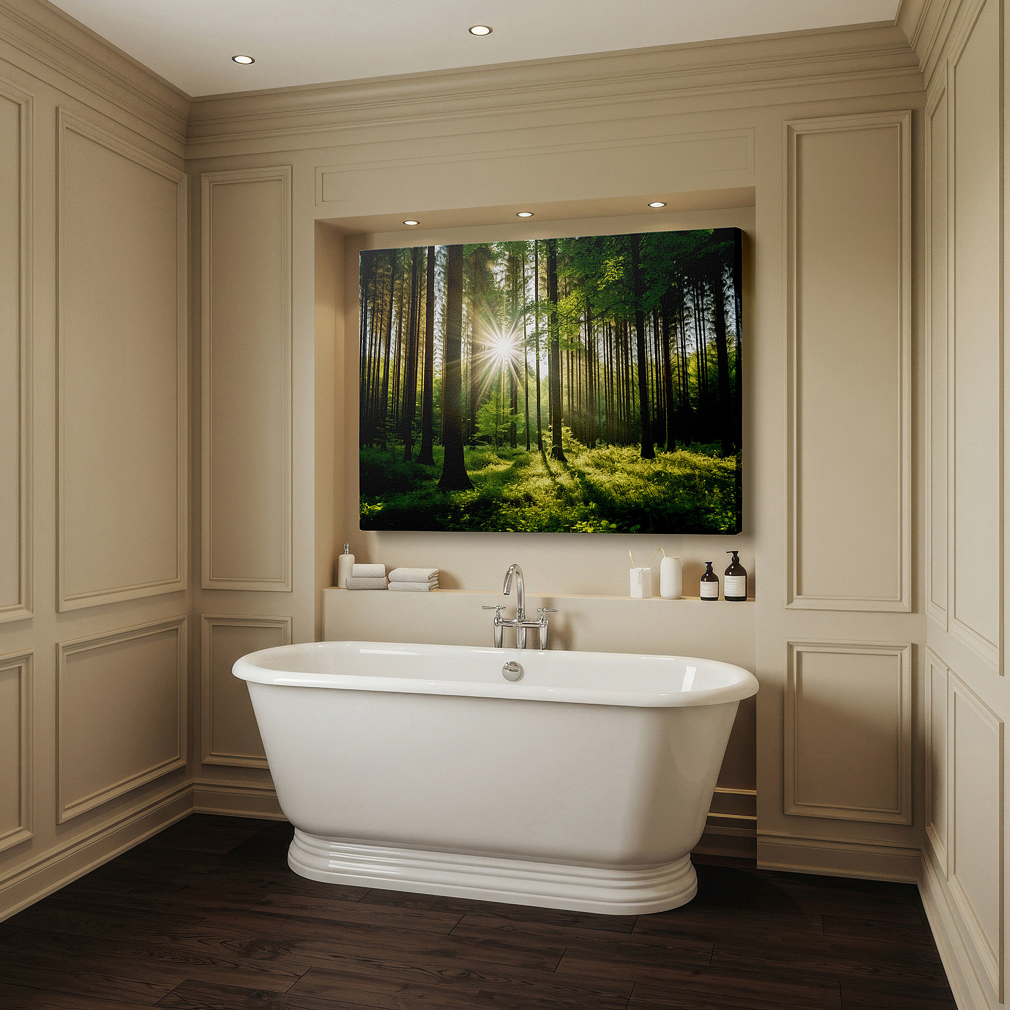 Balanced between two tall indoor plants near a window — verdant forest sanctuary wall art: embrace the serenity of nature with large canvas prints for home and office decor
