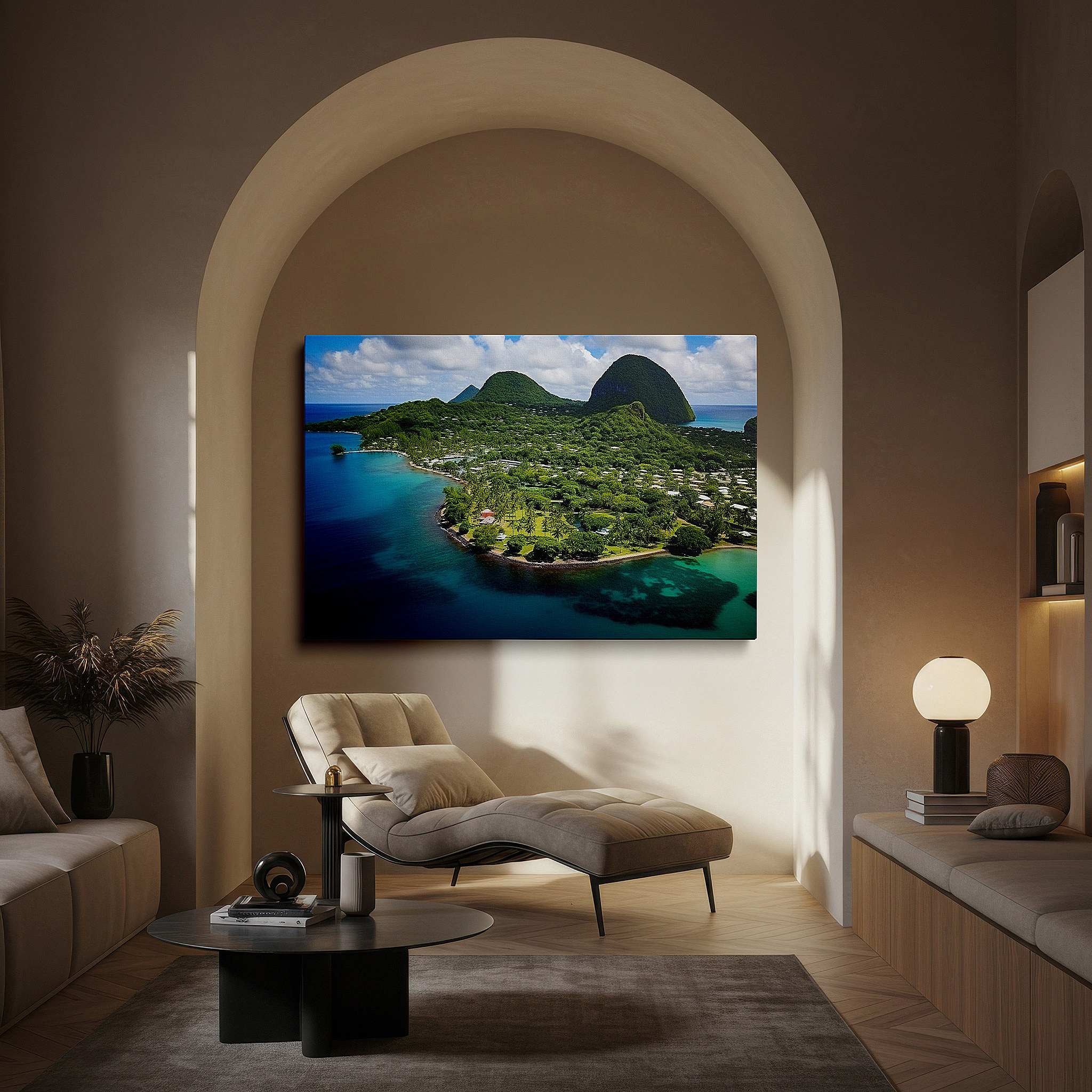 Balanced between two tall indoor plants near a window — verdant isle aerial paradise large canvas wall art, perfect for office, bedroom, and living room decor