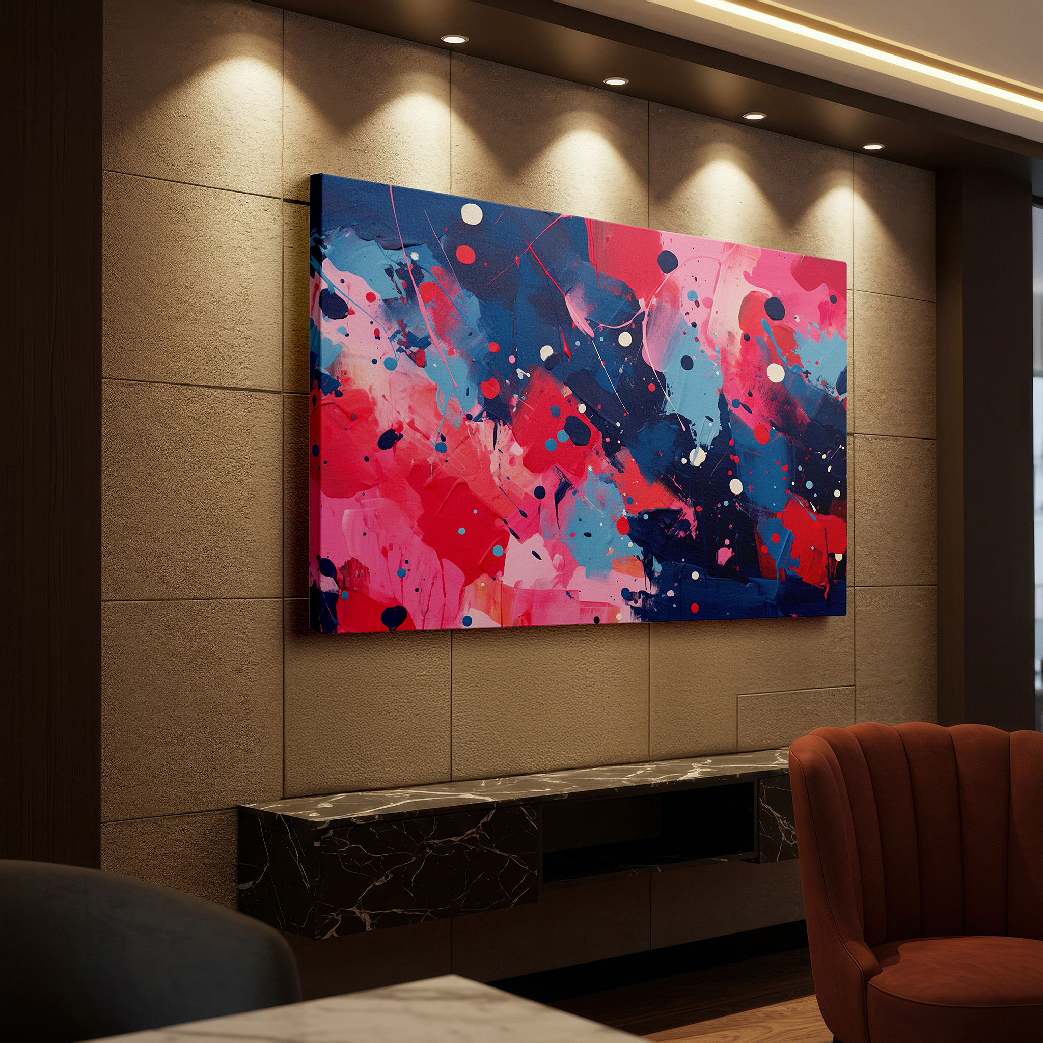 Balanced between two tall indoor plants near a window — vibrant abstract masterpiece featuring bright pinks, rich blues, and pure whites - large canvas wall art for home and office decor