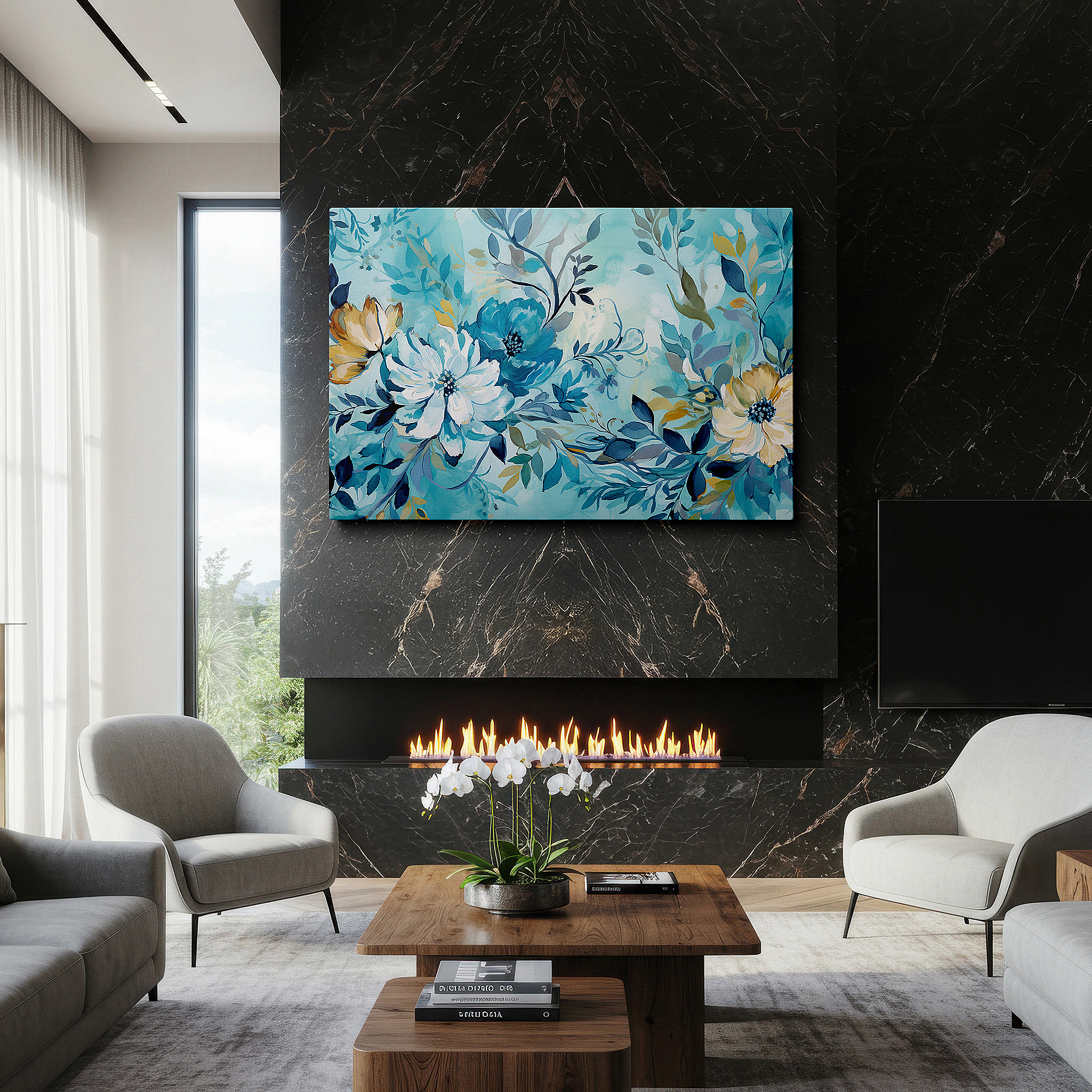 Balanced between two tall indoor plants near a window — vibrant floral symphony in blues and yellows with soft-hued leaves, large canvas wall art for office and bedroom decor