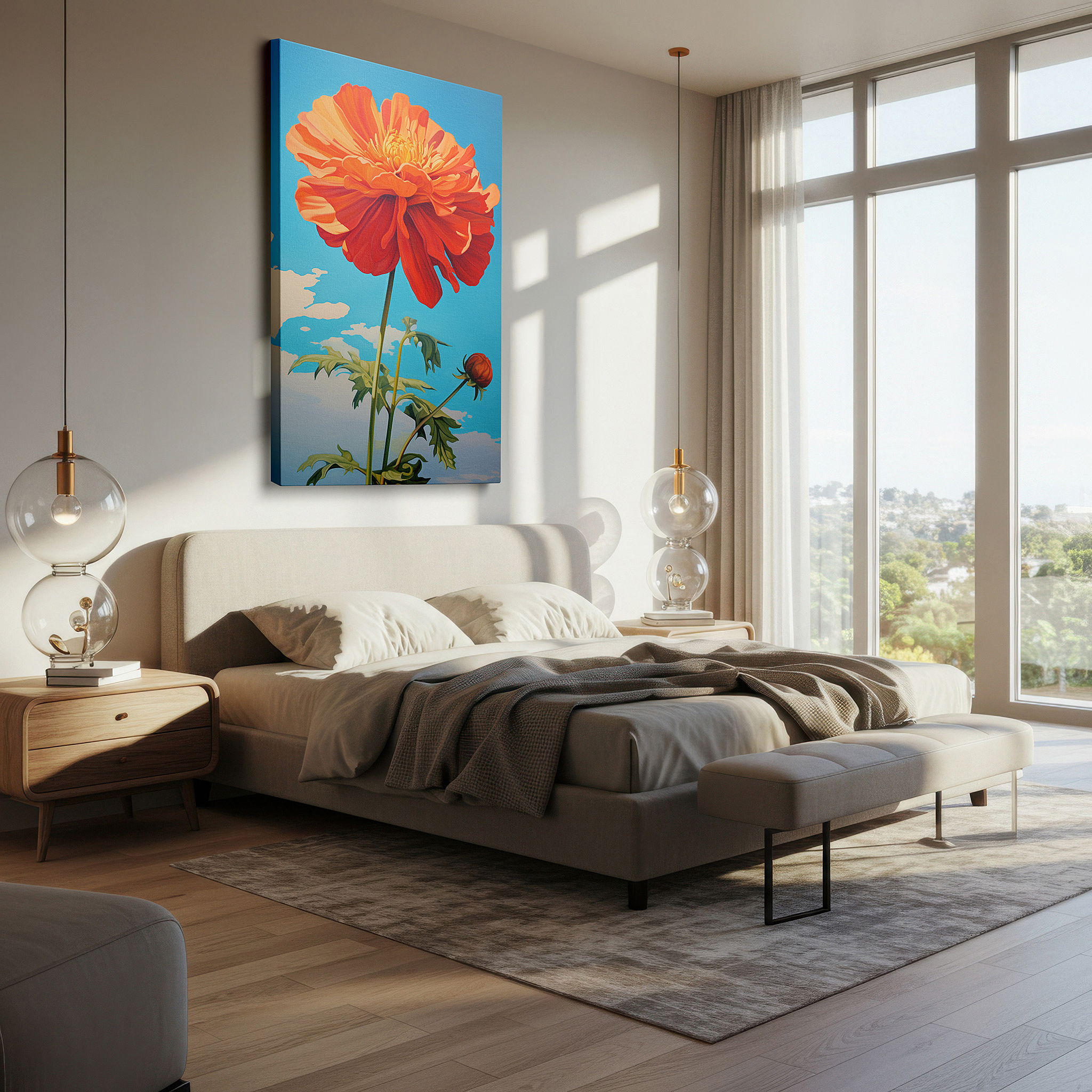 Balanced between two tall indoor plants near a window — vibrant orange flower against serene blue sky - celebrating nature's dynamic beauty, large canvas wall art for home and office decor