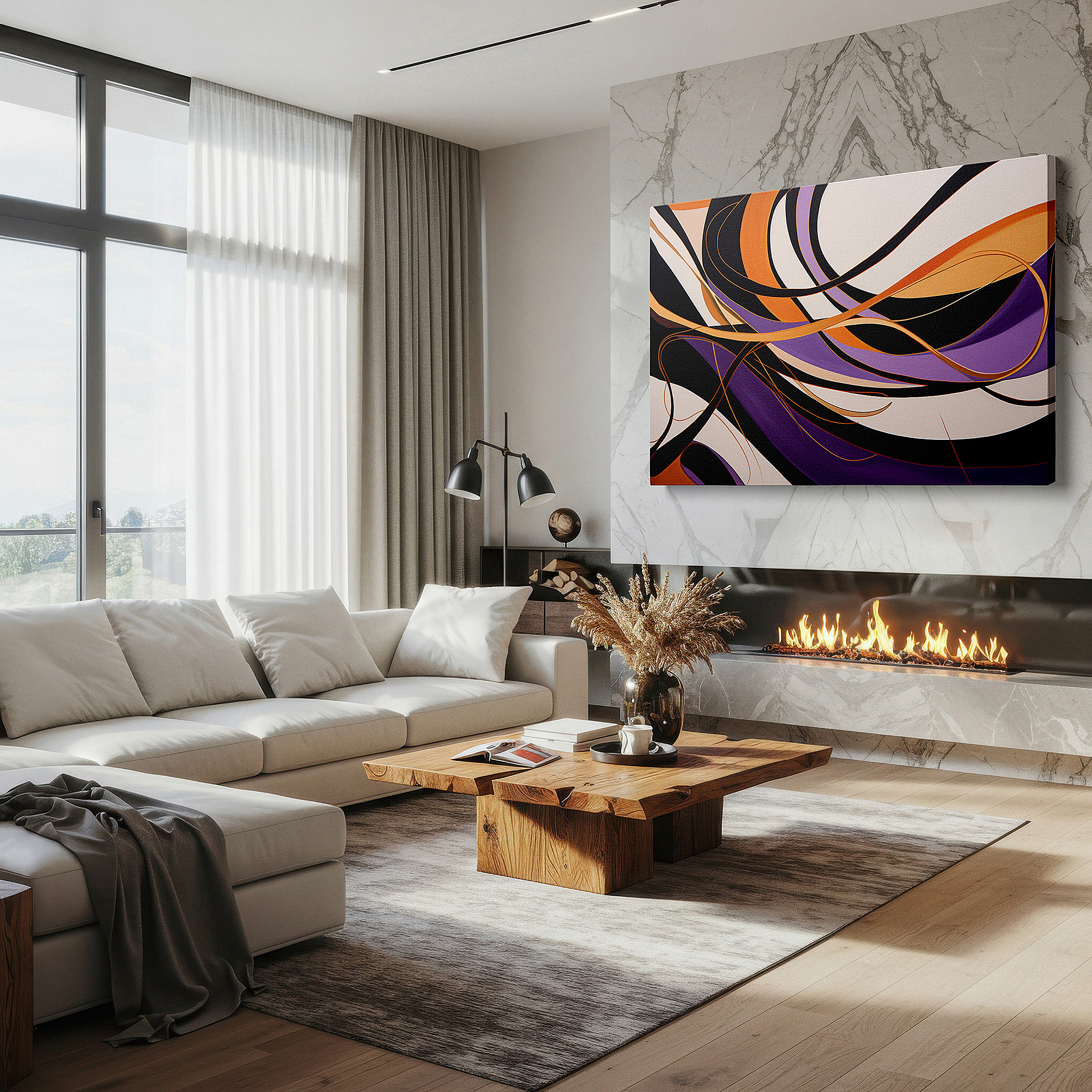 Balanced between two tall indoor plants near a window — vibrant symphony of curved lines in orange, purple, and black - large canvas wall art for office, living room, and bedroom decor